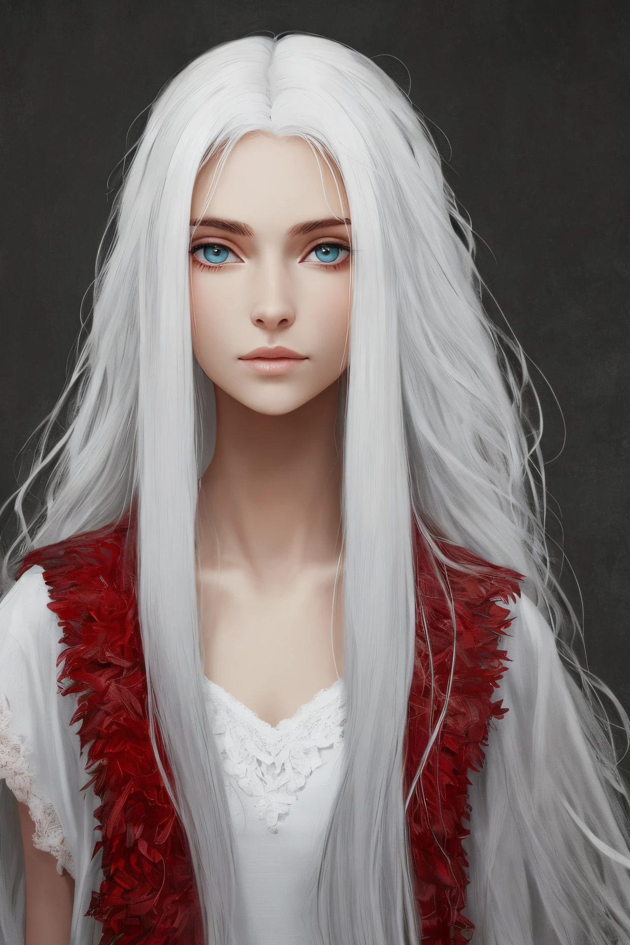 White female with long white hair and ruby eyes