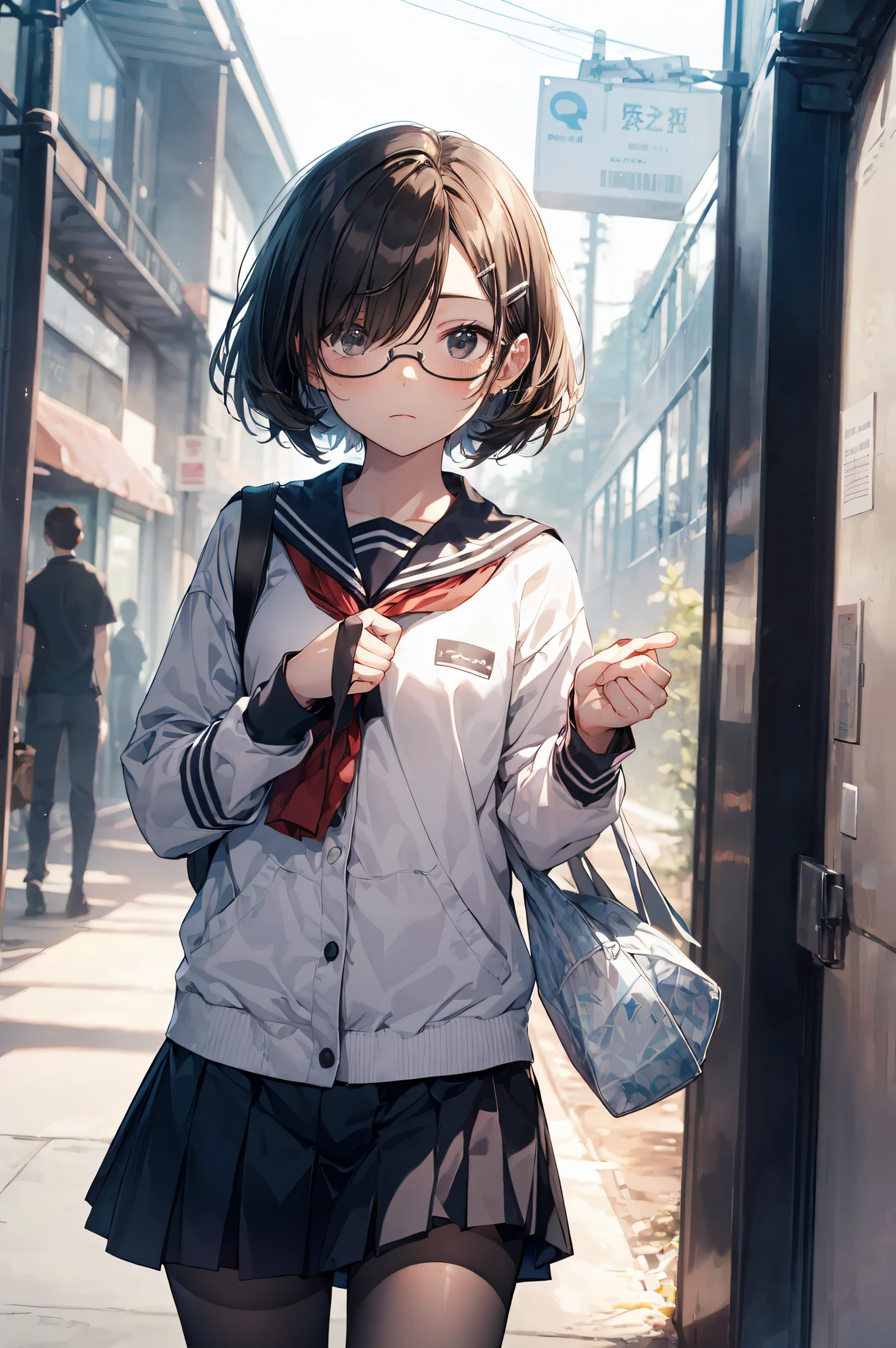 top-quality, anime moe art style,Best Anime 8K Konachan Wallpapers,Pixiv Contest Winner,Perfect Anatomy, (Draw a girl sleepily walking to school. ),BREAK, 1girl in, (Solo,Lori,child,13years:1.3),High school students, Short hair, Forehead, (Hair over one eye:1.4),Full limbs, complete fingers,medium breasts, groin, Small eyes,Precise black eyes, hair clips, Sailor Uniform, On the way to school. BREAK,Ultra-detailed,High resolution,super detailed skin, Professional Lighting,8k eye details, (Cute illustration:1.2),