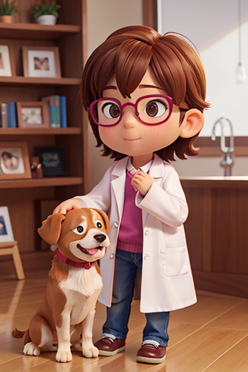 "Create a logo featuring a toddler wearing a doctor's coat and glasses petting a dog