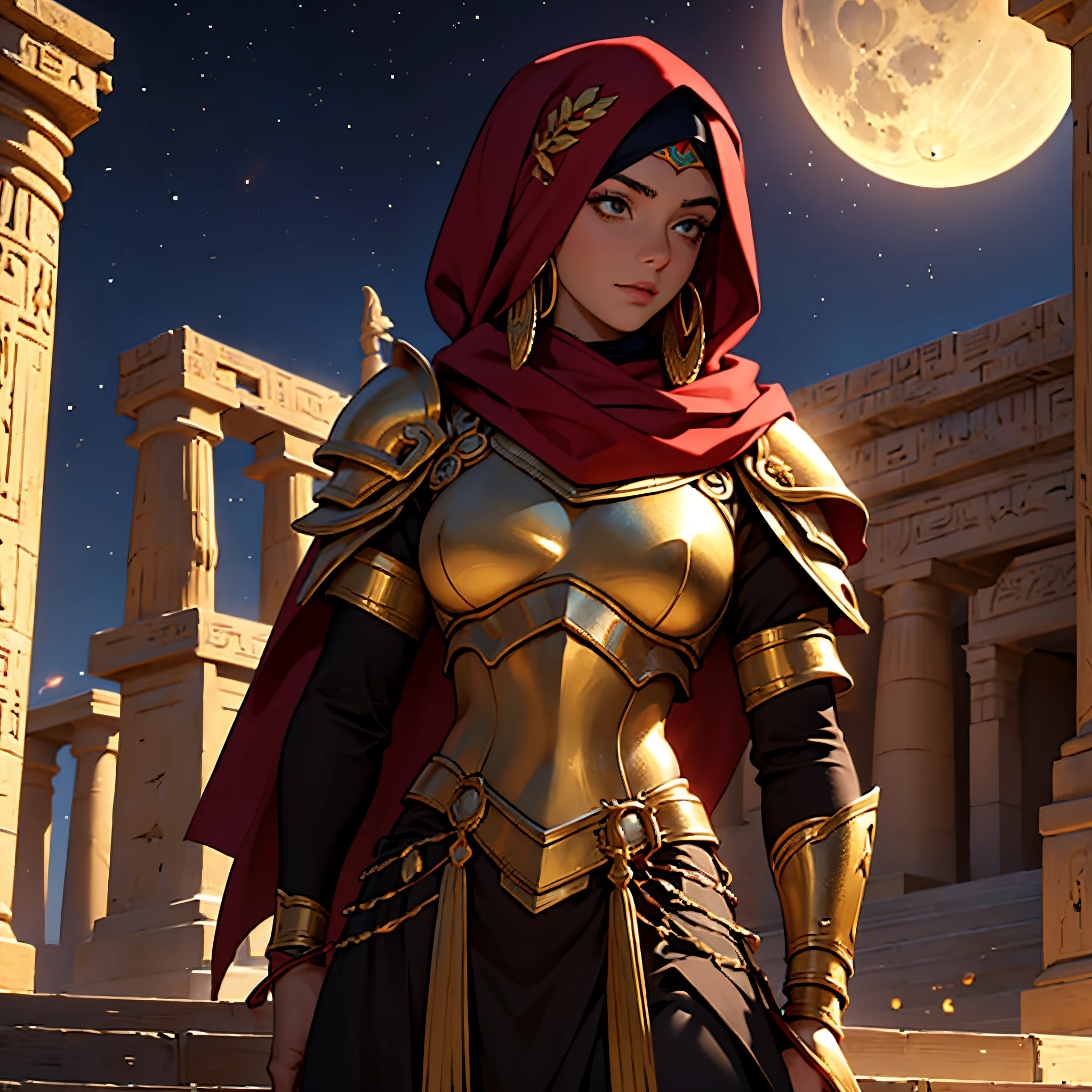 ​masterpiece, Best Quality, 4k, Very detailed, Background with: In front of egyptian temple stairs under the crescent moon in the desert night, Moroccan female warrior wearing Islamic armor, red hijab, Gold decoration, The perfect human body, flame, brown raised hair, Close-up of a person&#39;Upper body body