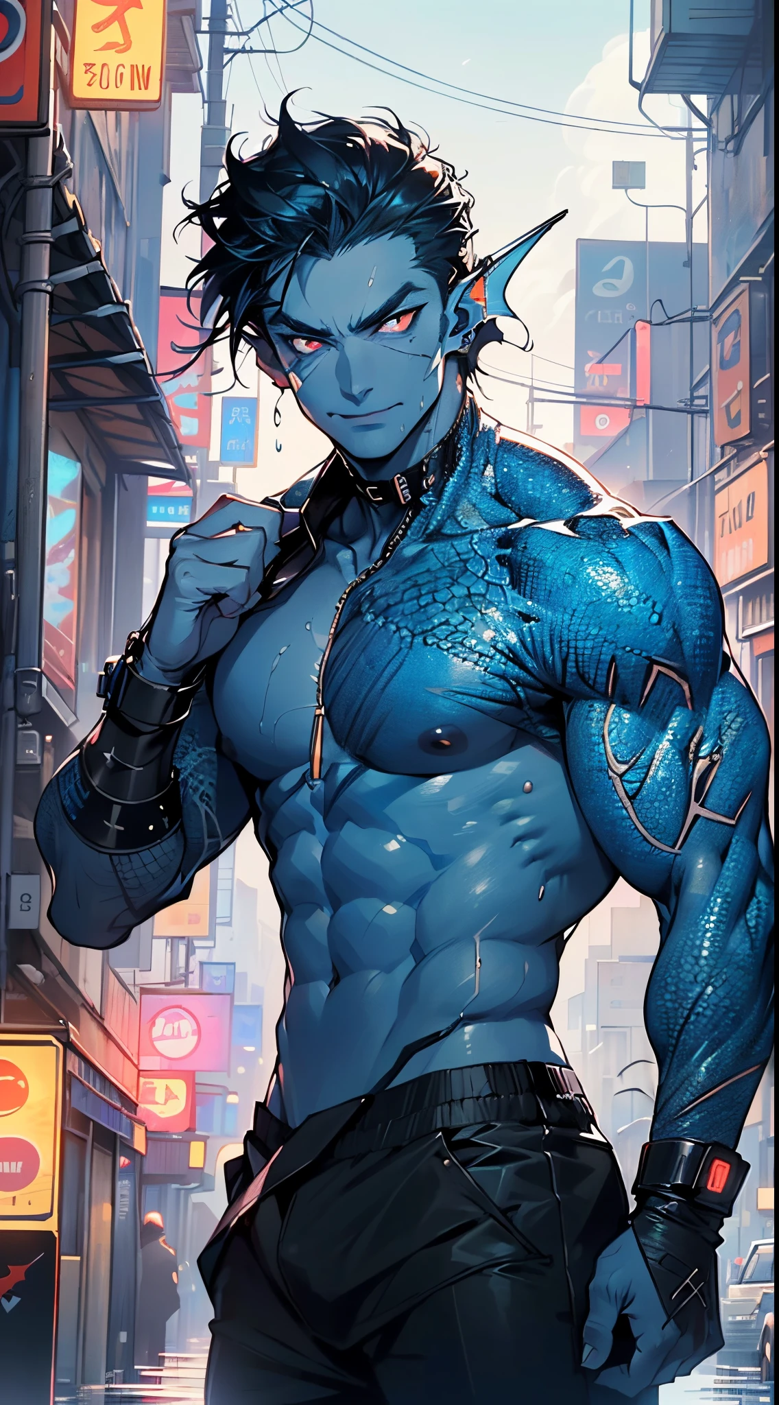 muscular man,(((1man))),((man muscular)),
(((1male,man:1.5,handsome man,male,male gender:1.5,male focus))),macho man,
Alien Fish man, ((blue skin:1.5)), (huge eyes:1.5), (((ear fins:1.5))), (((scaly skin:1.5))),((monster_man)),(deep blue skin:1.5),
((short black hair)),(((lustrous skin:1.5,bright skin: 1.5,shiny skin,very shiny skin,shiny body,illuminated skin))),(glowing eyes, blue_eyes:1.0), (((black sclera:1.5))),symmetrical eyes,((exaggerated muscles,exaggerated shoulders,very muscular and huge)),man chest,handsome face,((((muscular,hairy body,muscular man,tall,big biceps,abs,big thighs,broad shoulders,open chest)))),(((detailed face))),(((square jaw))),
alluring look,nsfw,
(((bare chest,shirtless))),hunter pants,((bulge in pants)),(hunter outfit:1.3,hunter clothes),((wet clothes,intricate outfit,intricate clothes)),
(dynamic pose:1.0),solo focus,((evil smile,evil look)),(centered,scale to fit dimensions,Rule of thirds),
cyberpunk city by the ocean at night, with bright neon signs and dark stormy clouds and puddles, scenery:1.25,nighttime, starry night, cosmos,Very dark night that makes the neon lights stand out, very bright neon lights,nighttime, starry night, cosmos,
highres, sharp focus, (ultra detailed, extremely detailed), (photorealistic artwork:1.37),(extremely detailed CG unity 8k wallpaper),((synthwave background theme)),(((vibrant colors))),(intricate background),(masterpiece),(best quality),