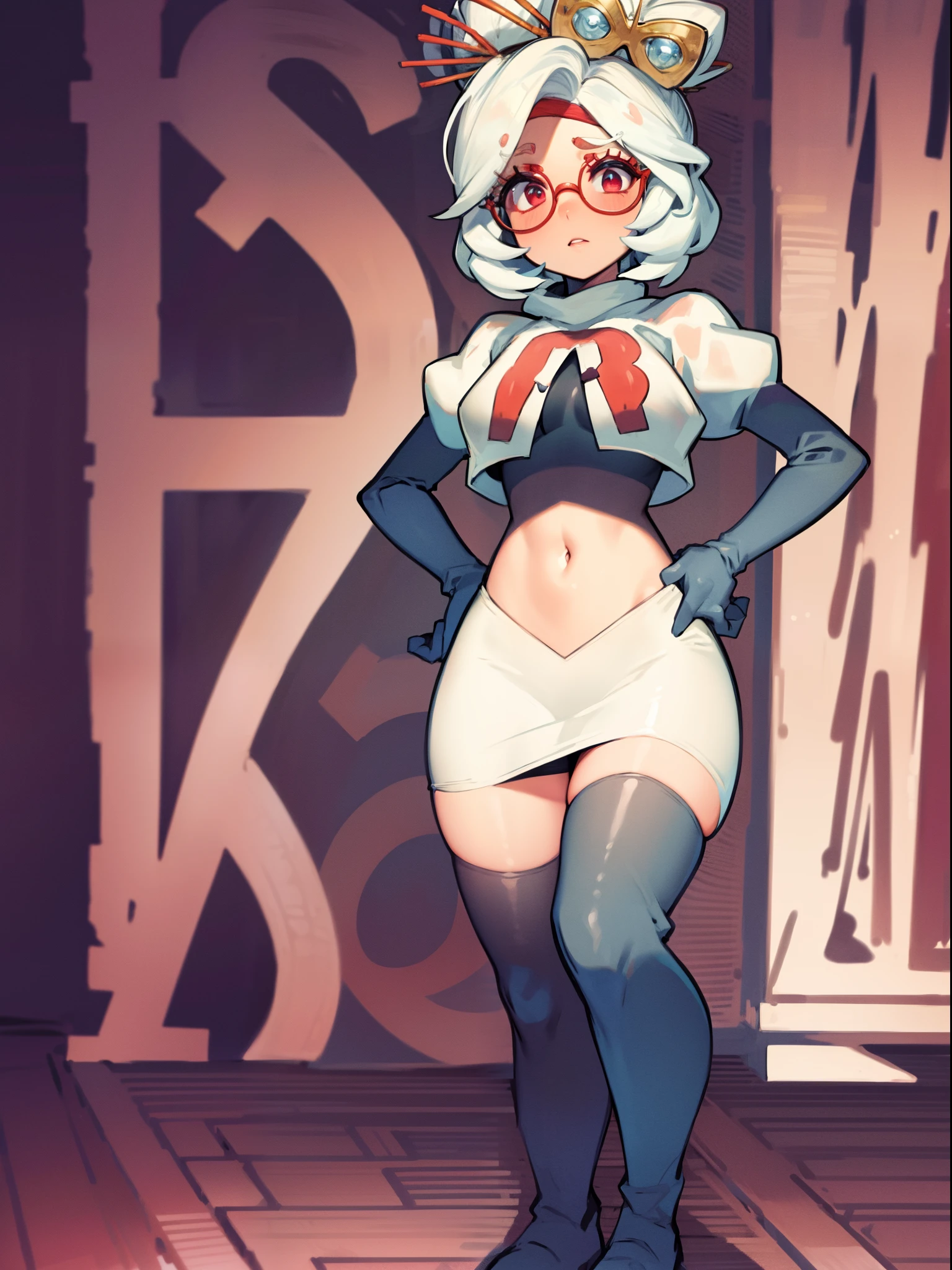 masterpiece, best quality, purah, red glasses, hair ornament,team rocket,team rocket uniform, red letter R, white skirt,white crop top,black thigh-high boots,black elbow gloves, hand on hips,