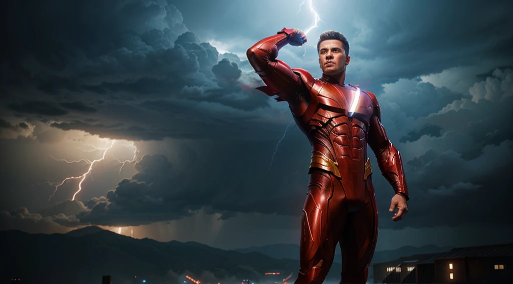 high quality, cinematic ray , realistic digital art illustration, epic, lightning, omni-man posing in the air