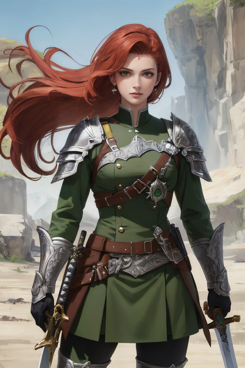 Mulher, ruiva, olhos verdes, cavaleira, segurando uma espada grande e larga, tons de marrom , forte, anime, sword RPG,.espada grande, armadura