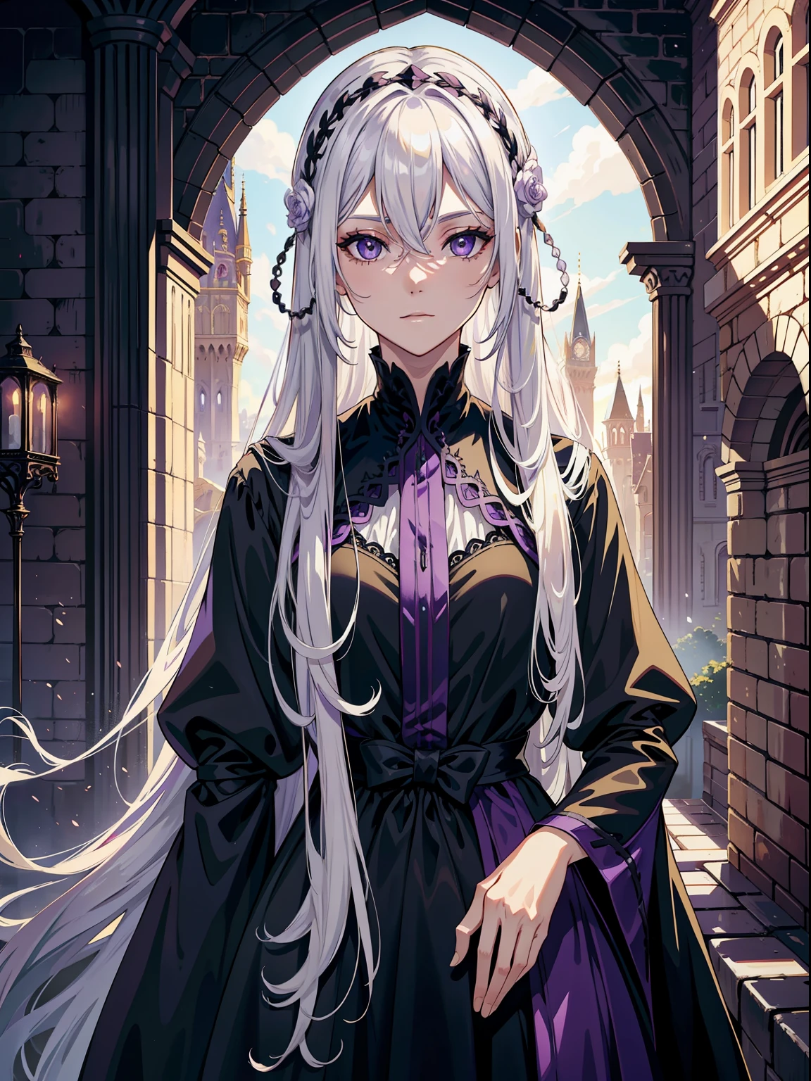 long silvery white hair,Purple eye,long black silk dress, castle on the background, back light,Changes in light and shadow,europe,Middle Ages, close - up, is looking at the camera