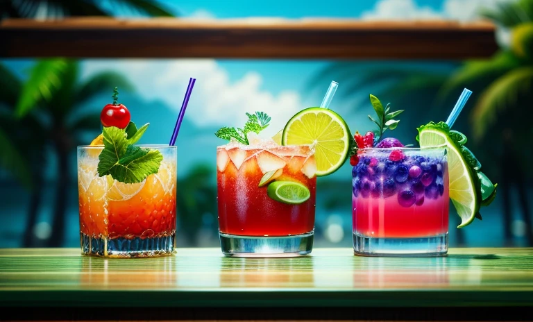 masterpiece, ultra high quality, high resolution, three different types of cocktails are lined up on a bar, people drink cocktails, drinks, colorful coctail, mixing drinks, drinking cocktail, on a jungle background, cold drinks, cocktail bar, istock, shutterstock, drink, pexels, garnish, high quality photo, raining, high quality image