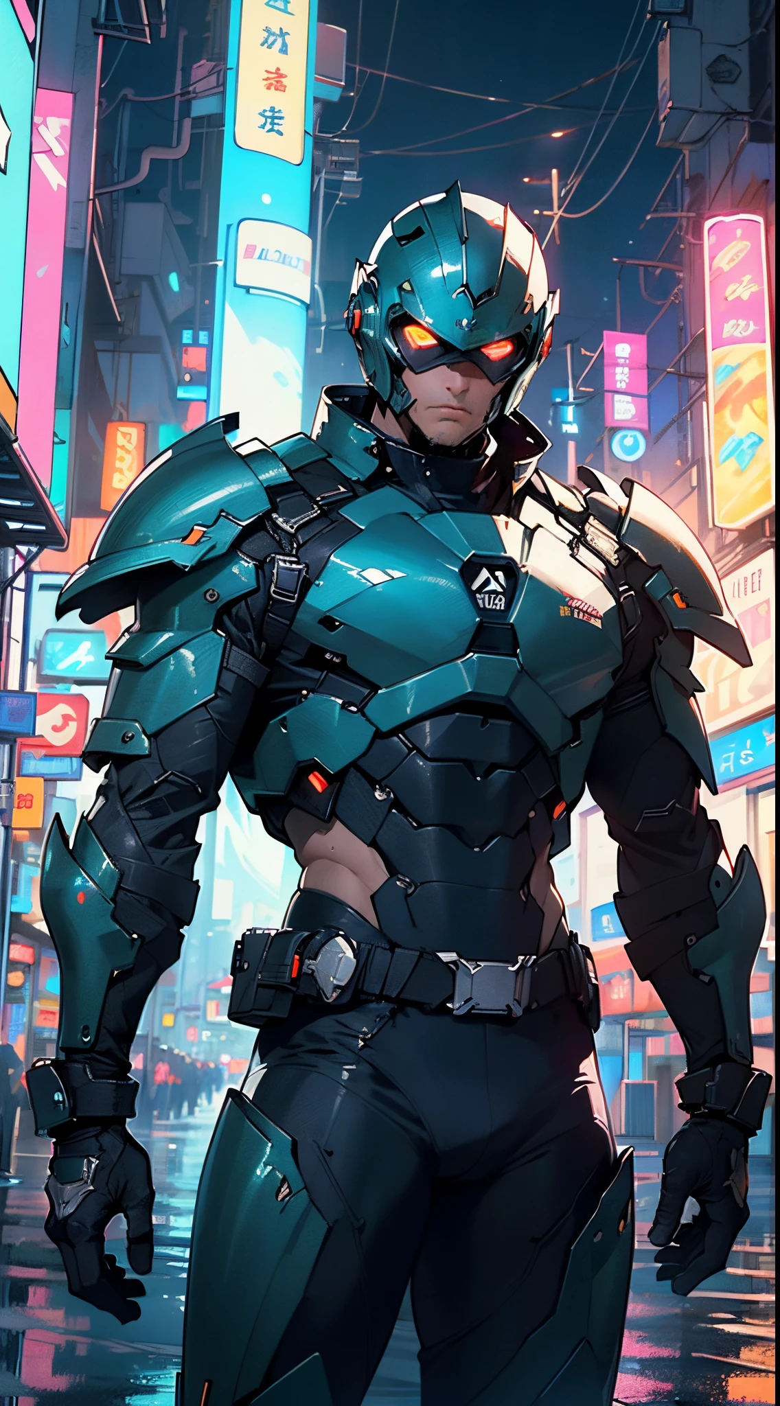 (man:1.5),muscular man in mecha armor,(((1man))),((man muscular in mecha armor)),
((exaggerated muscles,exaggerated shoulders,very muscular and huge)),man chest,((((muscular,muscular man,tall,big biceps,abs,big thighs,broad shoulders)))),
mandalorian helmet,underwater armor,mecha armor,full of weapons,((LED lights, RGB lights,black and neon blue armor)),((wet armor,intricate armor,detailed armor)),
(dynamic pose:1.0),solo focus,(centered,scale to fit dimensions,Rule of thirds),
cyberpunk city by the ocean at night, with bright neon signs and dark stormy clouds and puddles, scenery:1.25,nighttime, starry night, cosmos,Very dark night that makes the neon lights stand out, very bright neon lights,nighttime, starry night, cosmos,
highres, sharp focus, (ultra detailed, extremely detailed), (photorealistic artwork:1.37),(extremely detailed CG unity 8k wallpaper),((synthwave background theme)),(((vibrant colors))),(intricate background),(masterpiece),(best quality),