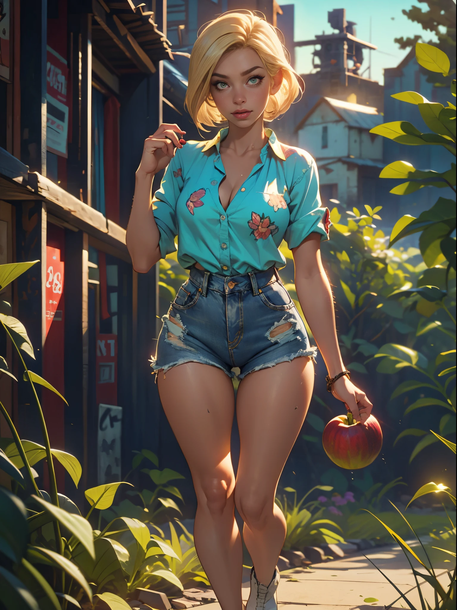 2076 year. The Urban Ruins of the Wasteland, Female huntress picking fruit in the garden, beautiful face, blonde, badly torn shirt and denim shorts , long legs, sweating through, sun rising, Nice warm colors, head to toe, full body shot, pretty hands, perfect fingers,