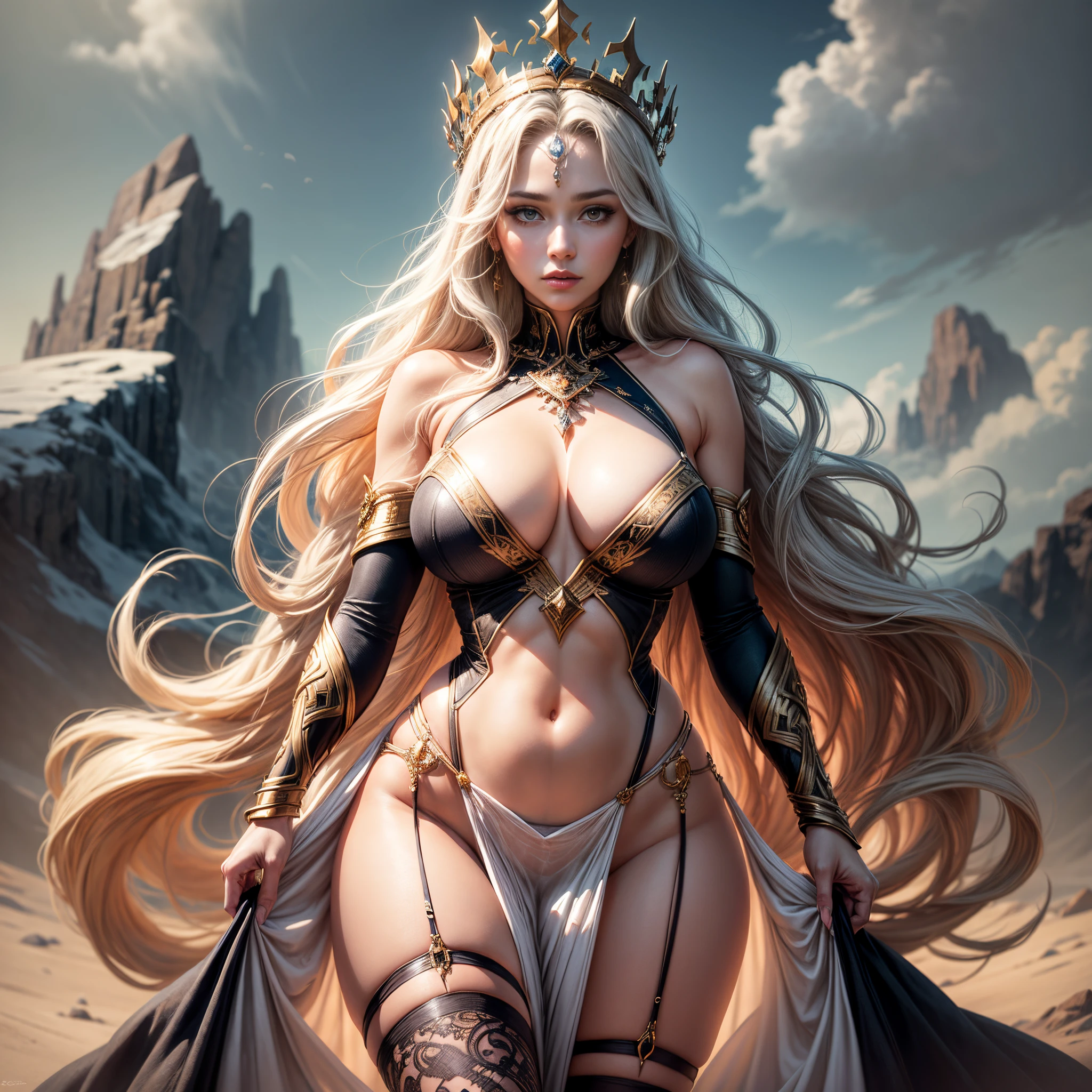 best quality,ultra-detailed,realistic:1.37,portrait,Norse goddess Frigg,beautiful detailed eyes,beautiful detailed lips, giant breasts, skinny but curvy, long hair flowing in the wind,golden crown and body jewelry, bellybutton piercing, serene and wise expression,flowing gown,standing on a mountain top with a majestic Nordic landscape in the background, warm color palette,soft and gentle lighting,subtle glow surrounding her as a symbol of her divine power, short dress, open chest, low cut white dress, showing hips, showing shoulders, transparent fabric, black stockings and garter belt, --auto --s2