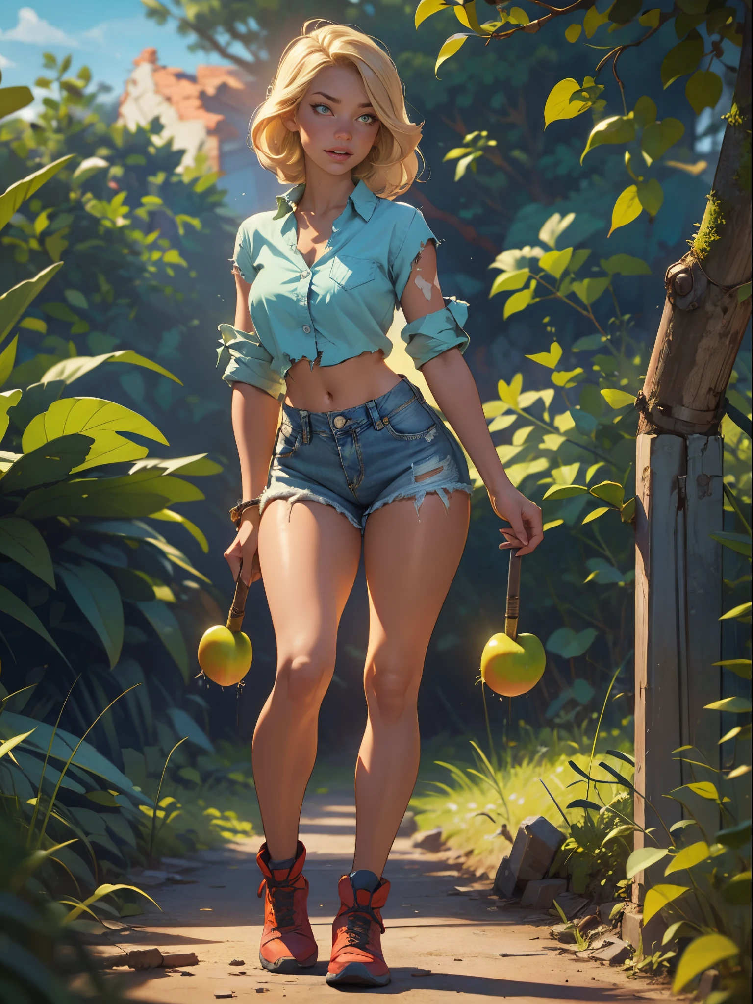2076 year. The Urban Ruins of the Wasteland, Female huntress picking fruit in the garden, beautiful face, blonde, badly torn shirt and denim shorts ,  long legs, sweating through, sun rising, Nice warm colors, head to toe, full body shot, pretty hands, perfect fingers,