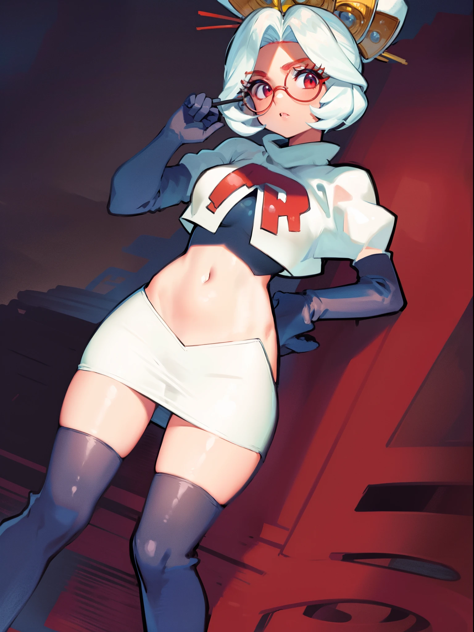 masterpiece, best quality, purah, red glasses, hair ornament,1girl,team rocket,team rocket uniform, red letter R, white skirt,white crop top,black thigh-high boots,black elbow gloves, hand on hips,