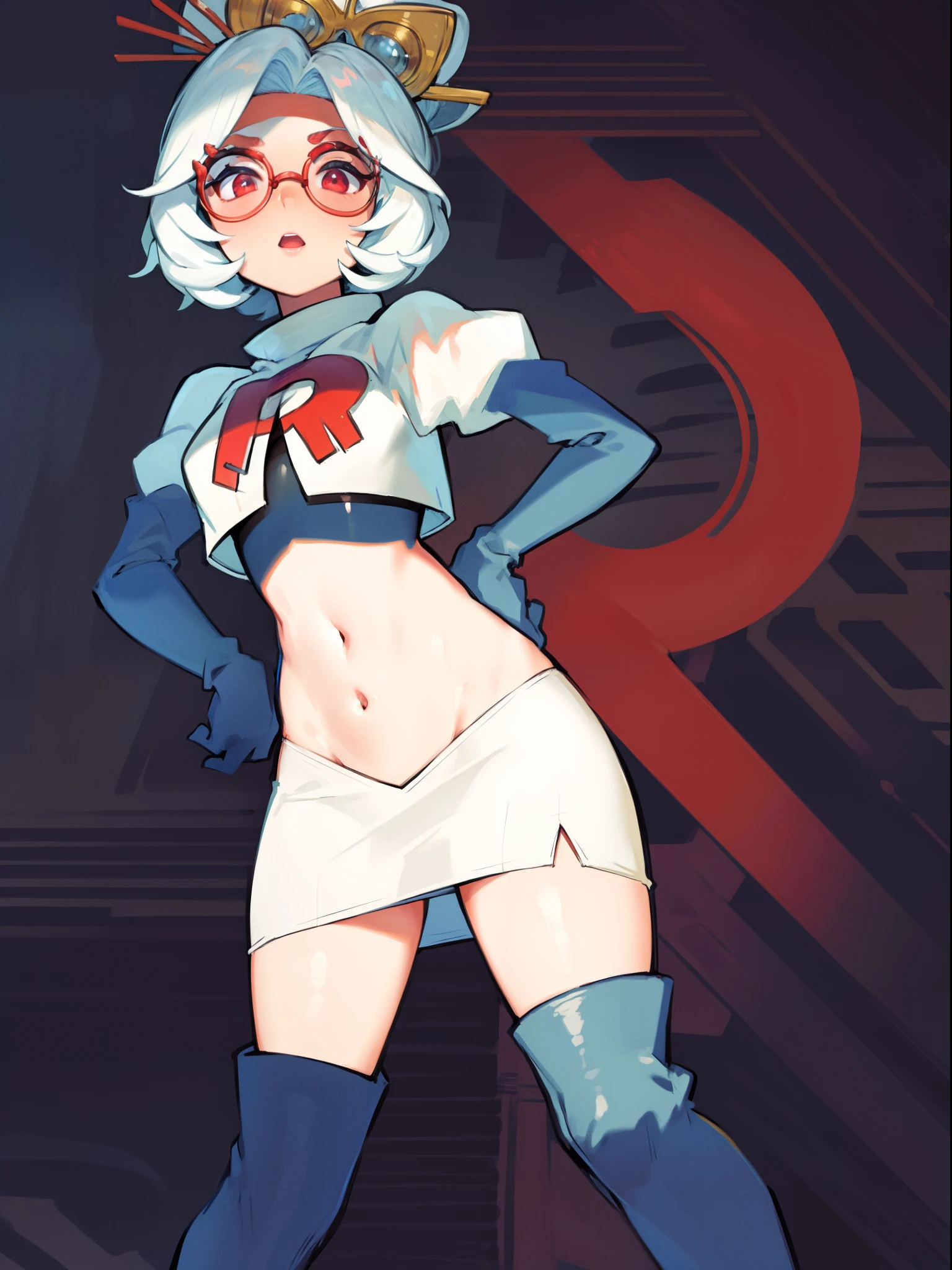 masterpiece, best quality, purah, red glasses, hair ornament,1girl,team rocket,team rocket uniform, red letter R, white skirt,white crop top,black thigh-high boots,black elbow gloves, hand on hips,