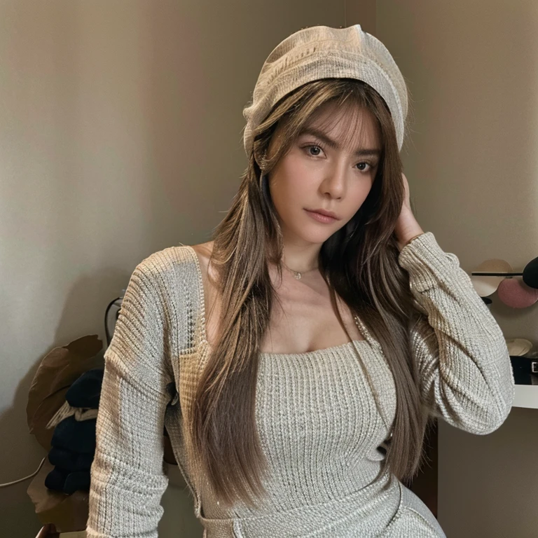 (Style de photo RAW, Chef d'œuvre 32K UHD, Best quality, Ultra-detailed, photo realist), Femme influenceuse, cheveux rose, loose hair, lunette de vue, femme avec bonnet en laine, femme avec gants en laine, femme avec tricot en maille, femme visage parfait three détaillé