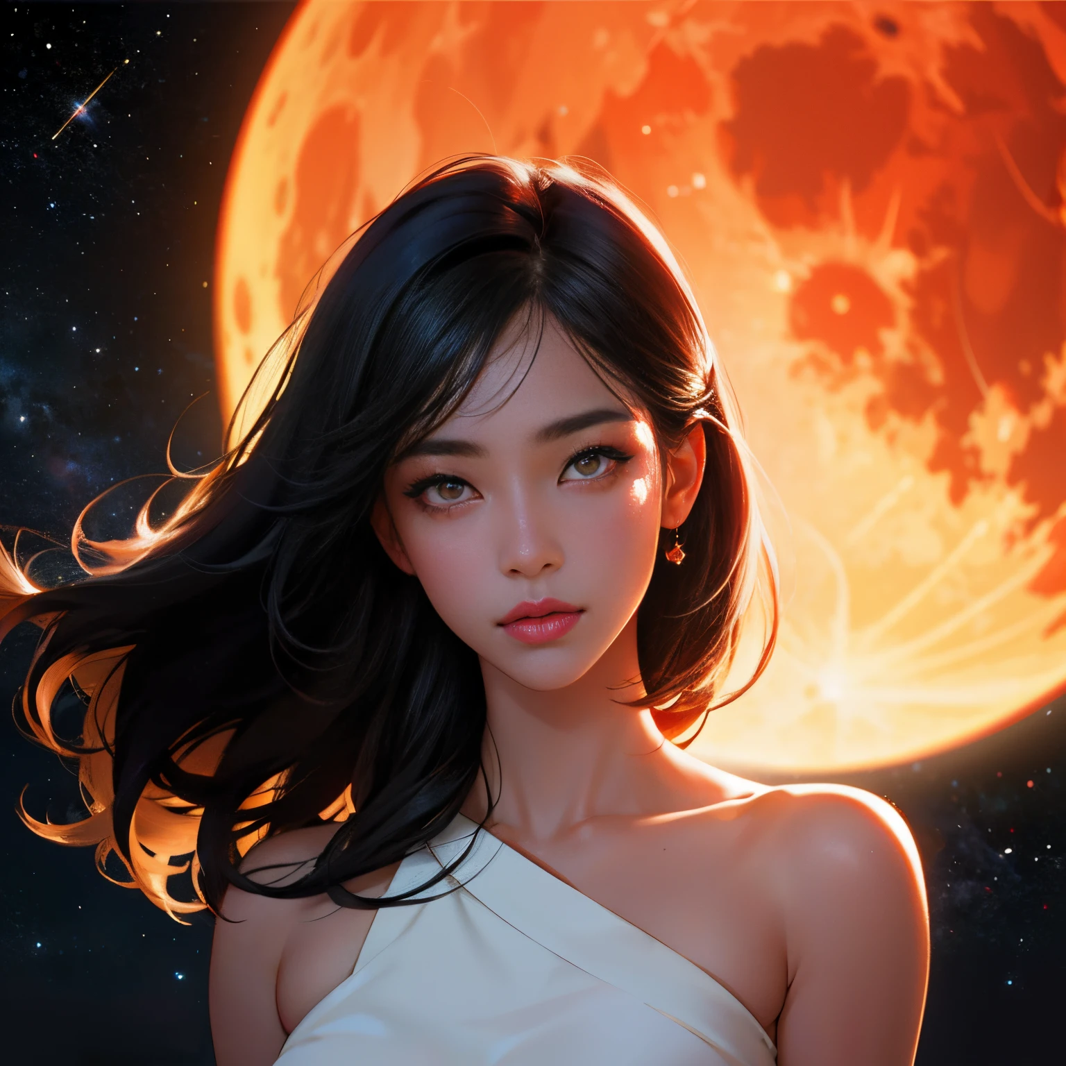 1girl, beautiful face, ((white eyes)), sexy pose, Red moon in the background, stars, space, (lightroom:1.13), soft light, (natural skin texture:1.2), (hyperrealism:1.2), sharp focus, focused