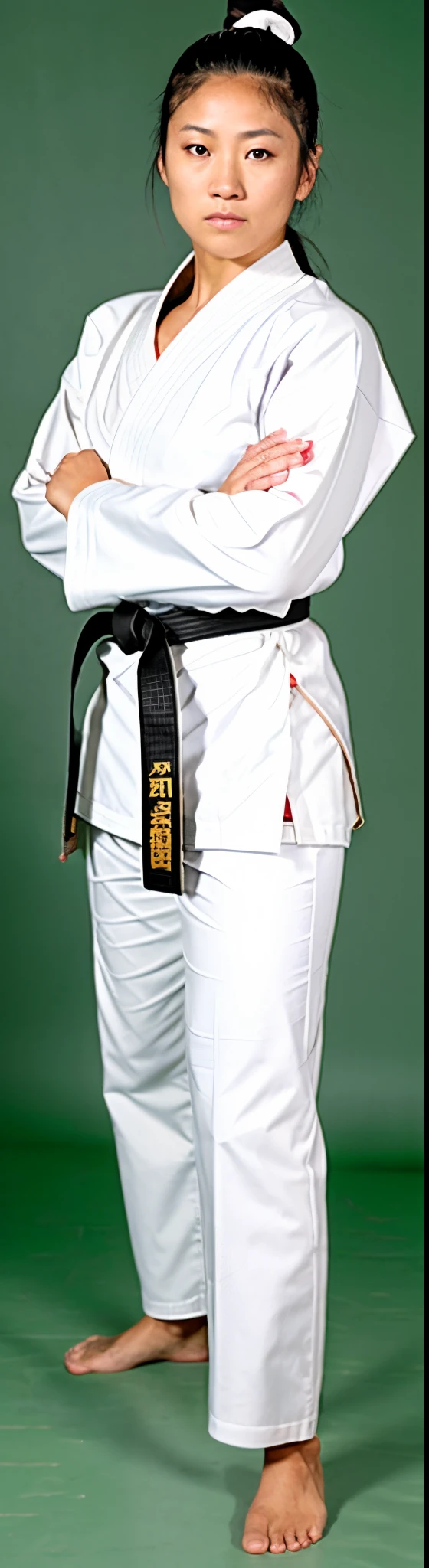 there is a woman in a karate outfit posing for a picture, in a fighting pose, fighting stance, karate pose, confident action pose, fighting pose, in a fighting stance, fighter pose, martial art pose, fighting posture, doing martial arts, wearing a white gi, she is ready to fight, fight pose, in an action pose, posing ready for a fight