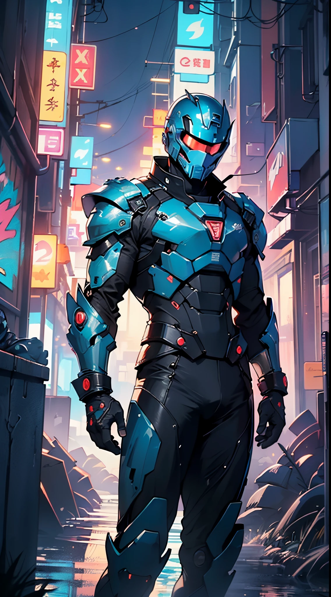 (man:1.5),muscular man in mecha armor,(((1man))),((man muscular in mecha armor)),
((exaggerated muscles,exaggerated shoulders,very muscular and huge)),man chest,((((muscular,muscular man,tall,big biceps,abs,big thighs,broad shoulders)))),
mandalorian helmet,underwater armor,mecha armor,full of weapons,((LED lights, RGB lights,black and neon blue armor)),((wet armor,intricate armor,detailed armor)),
(dynamic pose:1.0),solo focus,(centered,scale to fit dimensions,Rule of thirds),
cyberpunk city by the ocean at night, with bright neon signs and dark stormy clouds and puddles, scenery:1.25,nighttime, starry night, cosmos,Very dark night that makes the neon lights stand out, very bright neon lights,nighttime, starry night, cosmos,
highres, sharp focus, (ultra detailed, extremely detailed), (photorealistic artwork:1.37),(extremely detailed CG unity 8k wallpaper),((synthwave background theme)),(((vibrant colors))),(intricate background),(masterpiece),(best quality),