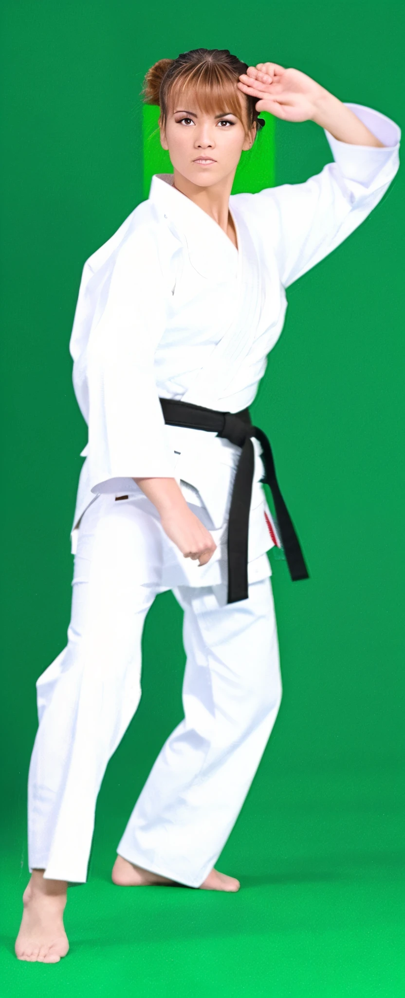 there is a woman in a karate outfit posing for a picture, in a fighting pose, fighting stance, karate pose, confident action pose, fighting pose, in a fighting stance, fighter pose, martial art pose, fighting posture, doing martial arts, wearing a white gi, she is ready to fight, fight pose, in an action pose, posing ready for a fight