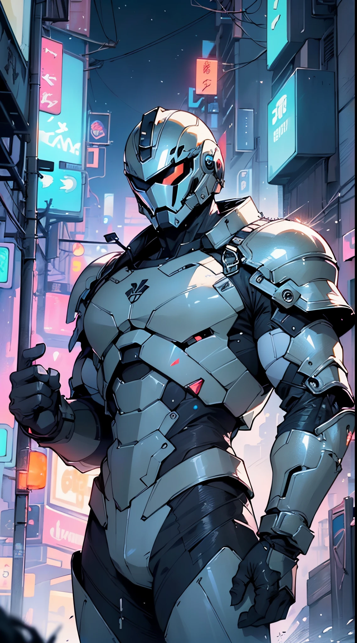 (man:1.5),muscular man in mecha armor,(((1man))),((man muscular in mecha armor)),
((exaggerated muscles,exaggerated shoulders,very muscular and huge)),man chest,((((muscular,muscular man,tall,big biceps,abs,big thighs,broad shoulders)))),
mandalorian helmet,underwater armor,mecha armor,full of weapons,((LED lights, RGB lights,black and neon blue armor)),((wet armor,intricate armor,detailed armor)),
(dynamic pose:1.0),solo focus,(centered,scale to fit dimensions,Rule of thirds),
cyberpunk city by the ocean at night, with bright neon signs and dark stormy clouds and puddles, scenery:1.25,nighttime, starry night, cosmos,Very dark night that makes the neon lights stand out, very bright neon lights,nighttime, starry night, cosmos,
highres, sharp focus, (ultra detailed, extremely detailed), (photorealistic artwork:1.37),(extremely detailed CG unity 8k wallpaper),((synthwave background theme)),(((vibrant colors))),(intricate background),(masterpiece),(best quality),