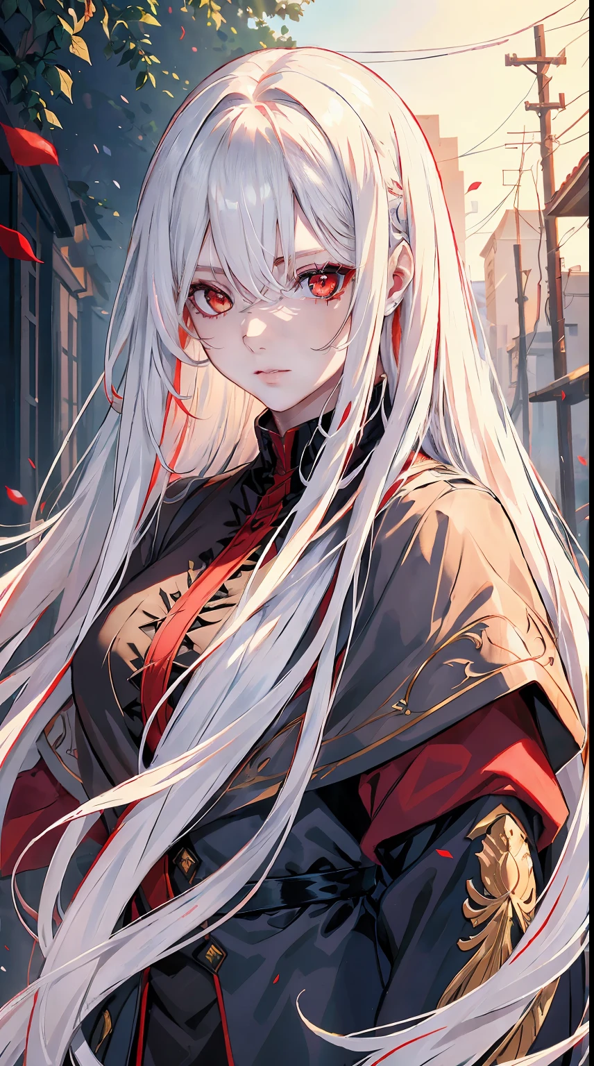 handsome girl，red-eyes，red pupils，Long white hair，Hyperresolution，accuracy，Detailed rendering，（Subtle facial image）（Image of fine hair）（topquality）（Masterpieces of masters）（High degree of completeness）（A sense of atmosphere）tmasterpiece，Super detailed and super detailed（half-body portrait）
