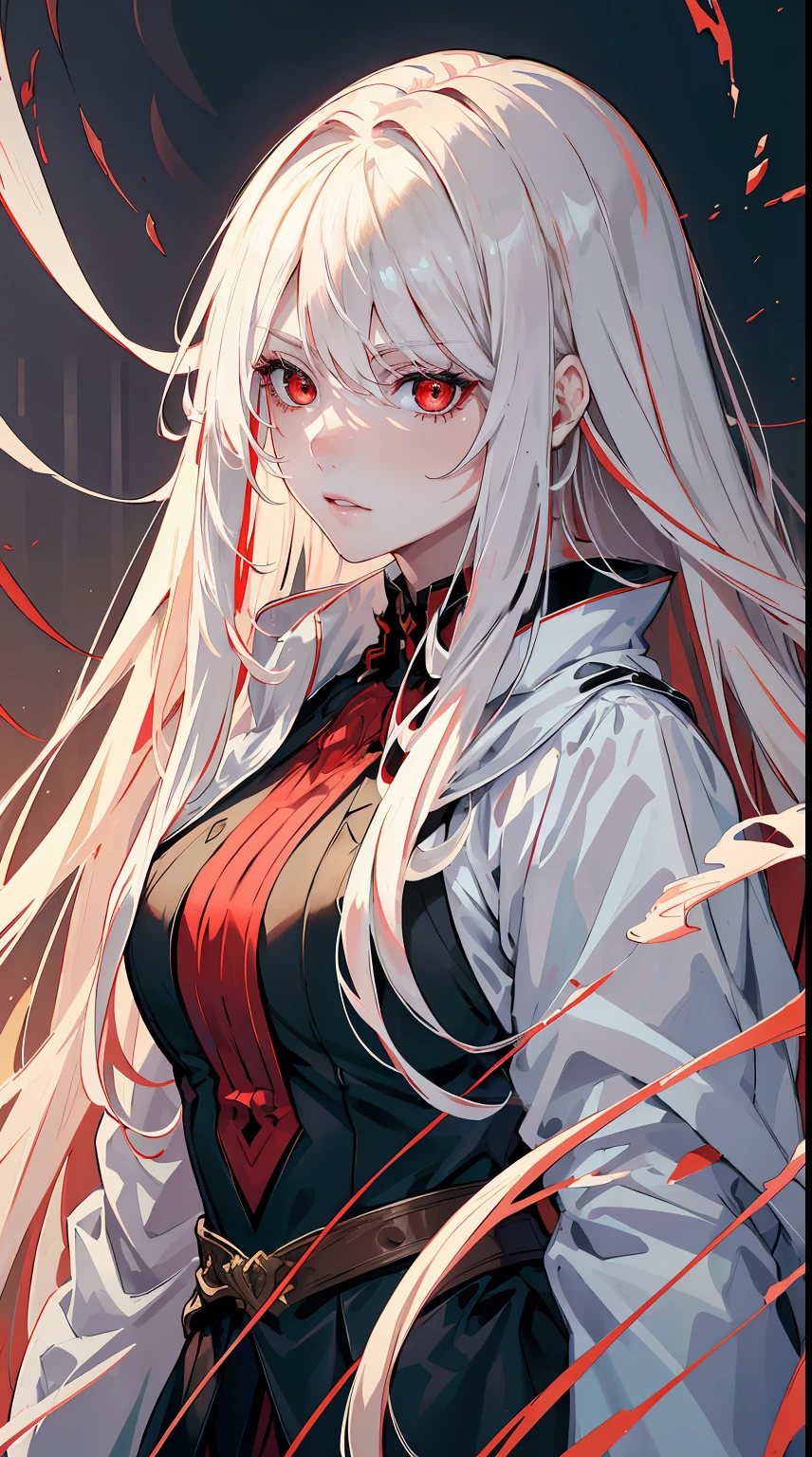 handsome girl，red-eyes，red pupils，Long white hair，Hyperresolution，accuracy，Detailed rendering，（Subtle facial image）（Image of fine hair）（topquality）（Masterpieces of masters）（High degree of completeness）（A sense of atmosphere）tmasterpiece，Super detailed and super detailed（half-body portrait）