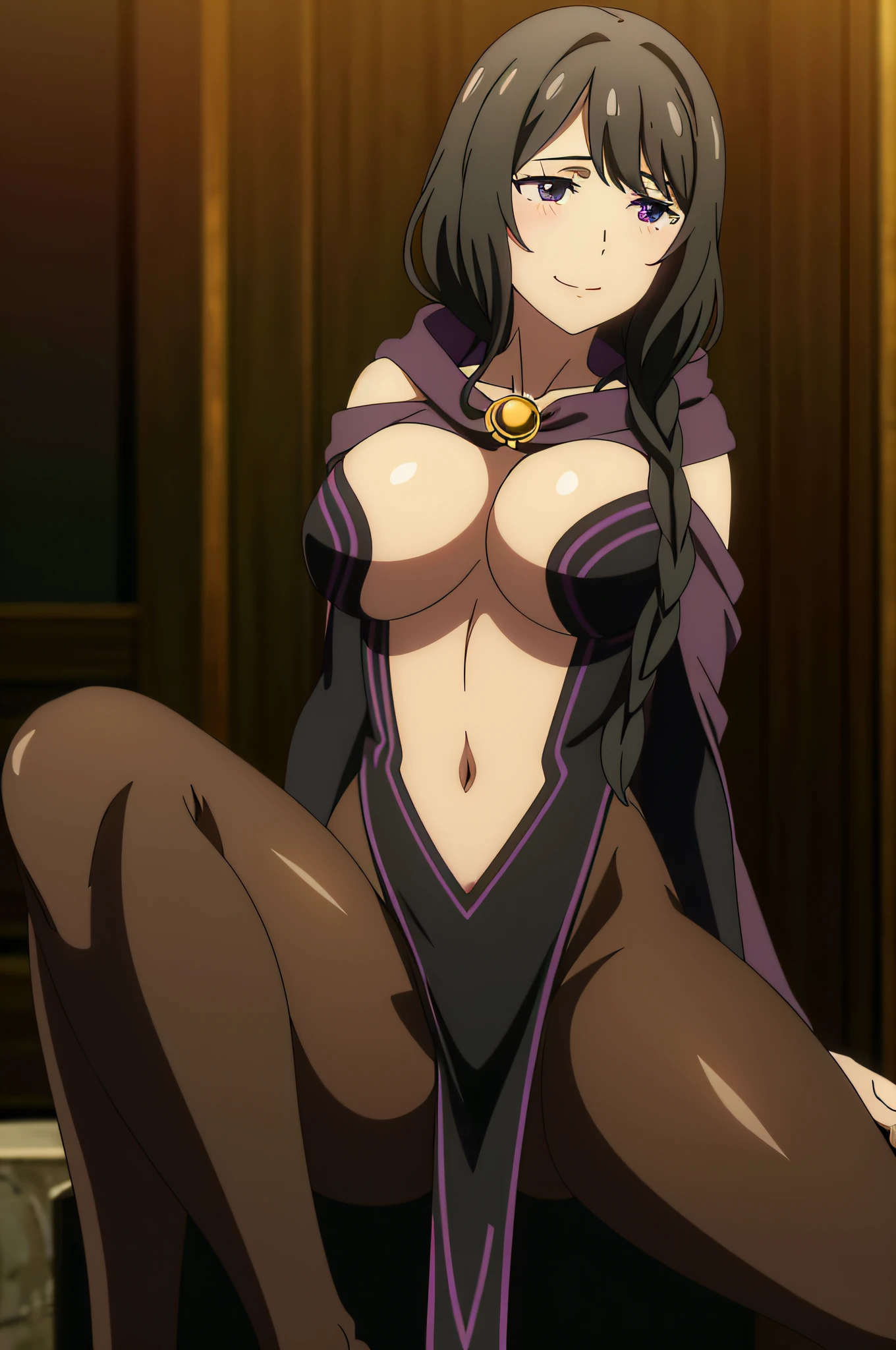 purple flower,hair flower,bangs,purple eyes,braid,mature female,makeup,eyelashes,hair over shoulder,black hair,fur-trimmed cape,black cape,two-sided fabric,fur trim,revealing clothes,large breasts,black dress,strapless dress,pelvic curtain,side slit,center opening,cleavage,navel,bridal gauntlets,detached sleeves,brown pantyhose,Exquisite visuals, high-definition,masterpiece,best quality,, 18yo,Young female,Beautiful Fingers,Beautiful long legs,Beautiful body,Beautiful Nose,Beautiful character design, perfect eyes, perfect face,expressive eyes, official art,extremely detailed CG unity 8k wallpaper, perfect lighting,Colorful, Bright_Front_face_Lighting,shiny skin, (masterpiece:1.0),(best_quality:1.0), ultra high res,4K,ultra-detailed, photography, 8K, HDR, highres, absurdres:1.2, Kodak portra 400, film grain, blurry background, bokeh:1.2, lens flare, (vibrant_color:1.2), (beautiful_face:1.5),(narrow_waist), ,NSFW,blush,smile, sitting, spread legs, cameltoe