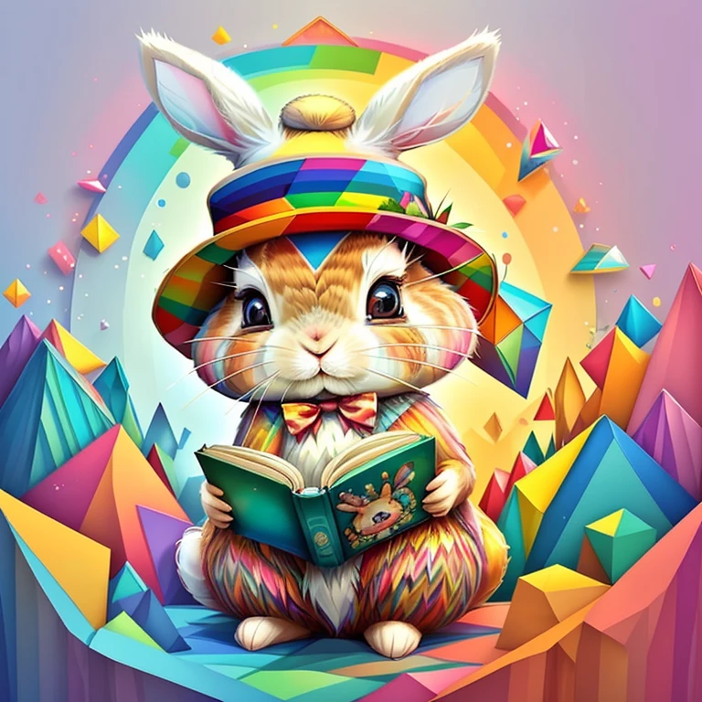 (cute rabbit reading a book with a hat),(melhor pose),(best angle), (better expression), Eduardo Kobra acolchoamento ,multidimensional geometric wall PORTRAIT, arte, Chibi,
Yang08k, lindo, Colouring,
Primary works, qualidade superior, melhor qualidade, Arte Oficial, Beautiful and Aesthetic, pelos coloridos,
