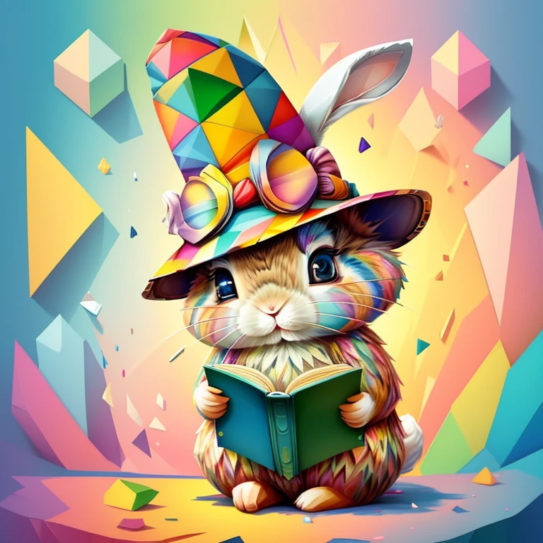 (cute rabbit reading a book with a hat),(melhor pose),(best angle), (better expression), Eduardo Kobra acolchoamento ,multidimensional geometric wall PORTRAIT, arte, Chibi,
Yang08k, lindo, Colouring,
Primary works, qualidade superior, melhor qualidade, Arte Oficial, Beautiful and Aesthetic, pelos coloridos,