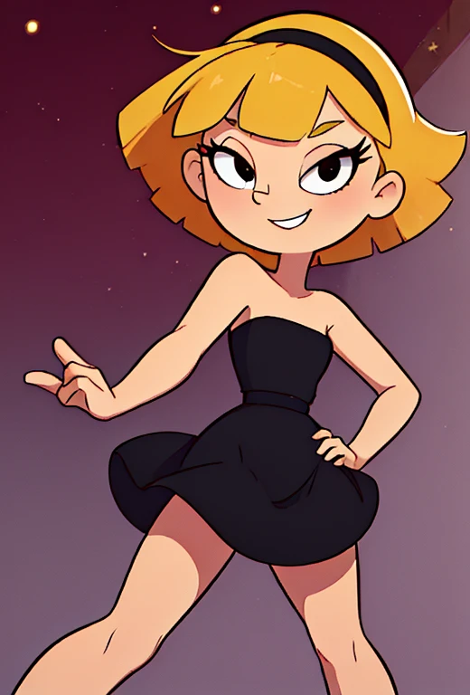 (masterpiece:1.4), (best quality:1.4), (high resolution:1.4), cartoon style, OlgaPataki smile, short hair, blonde hair, black hairband, bare shoulders, little red dress, looking at viewer, detailed face, detailed eyes, black eyes, small breasts, slim, wide hips, dynamic pose, solo, 1 girl, city background, night falls, stars, character focus