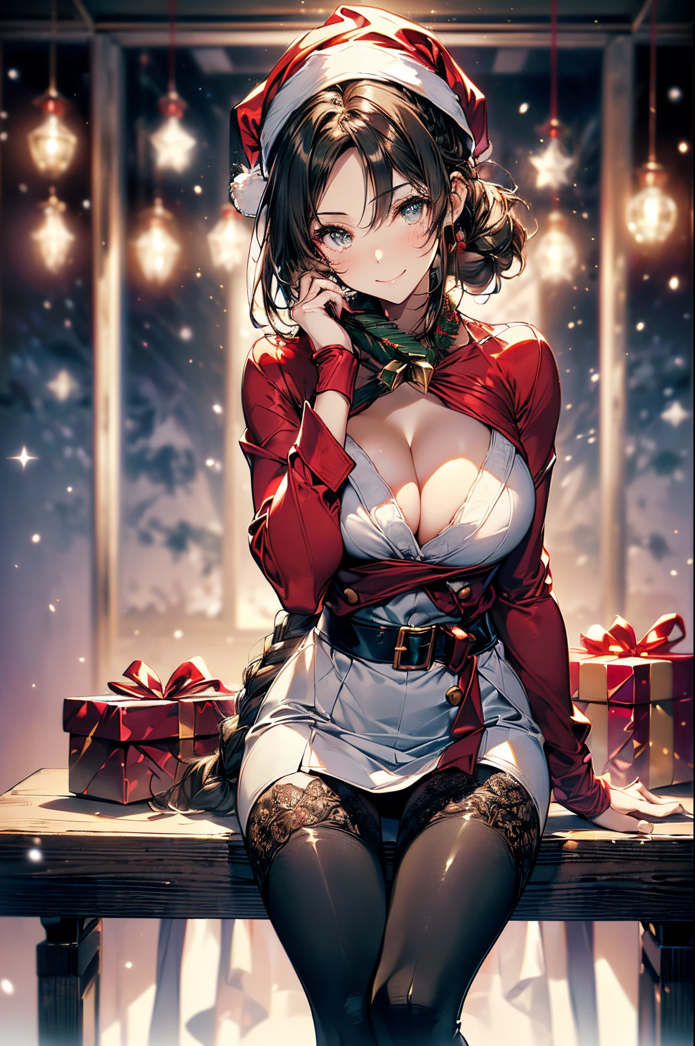 (Scine of Xmas events in Home party:1.3), ((matured girl wearing Sexy Santa clause costume with far:1.3, red dress with green, holding a present box in both hands to give viewers:1.2, close to viewers:1.2)), a matured woman with long black hair and a red outfit, red winter coat with bore, scarfs, green ribbon tie, knee length long boots, red and green winter outfits, holding present box with wrapping by ribbon:1.5, Christmas tree decorated with many ornaments:1.2, white bags on a sled, wearing red pencil skirt, bodyesbian, fine details, beautiful anime illustration, 26 years old, (milf:1.3), (solo:1.5), (sfw:1.25), (sagging breast, fuge breasts, big tits, thin waist, big ass:1.2), Raised sexy, (dark mahogany medium short hair, updo, hair over one eye, asymmetric hair, Carly hair, low tied braids), (musulman, white Headscarfs, hair bands, head vandage, Turban), (ultra high resolution, 8K RAW photo, photo realistics, thin outline:1.3, clear focus), best qualtiy, cinematic lighting, textile shading, blurry back ground, field of depth, bokeh, (Bright pupils, fine detailed beautiful eyes with highlight:1.3, super detailed eyes, high detailed face), Red lip, fine realistic skins:1.1, looking at viewers:1.3, (dynamic angle:1.3, full body:0.6, front view:1.1, breast focus:1.3, from above:1.2), (dynamic posing:1.5, sexy posing:1.2, sitting with holding knees:1.3, leaning forward:1.2), (seductive, shy happy smile:1.4), centered image, (wearing red long coat with bore and clothes, ((bare breast:1.37)), gold ornaments, rolling red clothes around waist, dark red long leather boots:1.3, translucent white lace pantyhose), (((correct anatomy:1.5, perfect hands:1.5, ideal ratio body proportions:1.37))), (in a night:1.3),