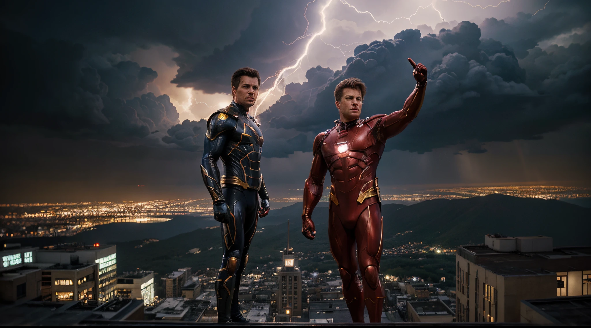 high quality, cinematic ray , realistic digital art illustration, epic, lightning, comic book characters omni-man and homelander posing in the air