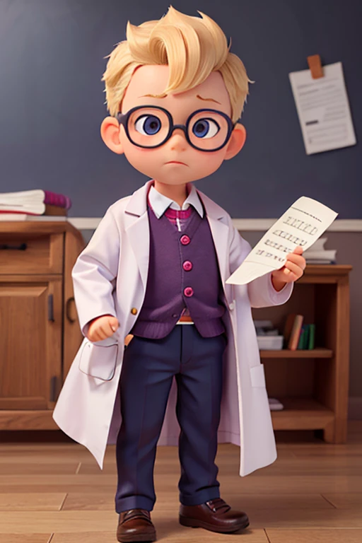 "Create a png featuring a toddler wearing a doctor's coat and glasses holding a paper named Raadsel
