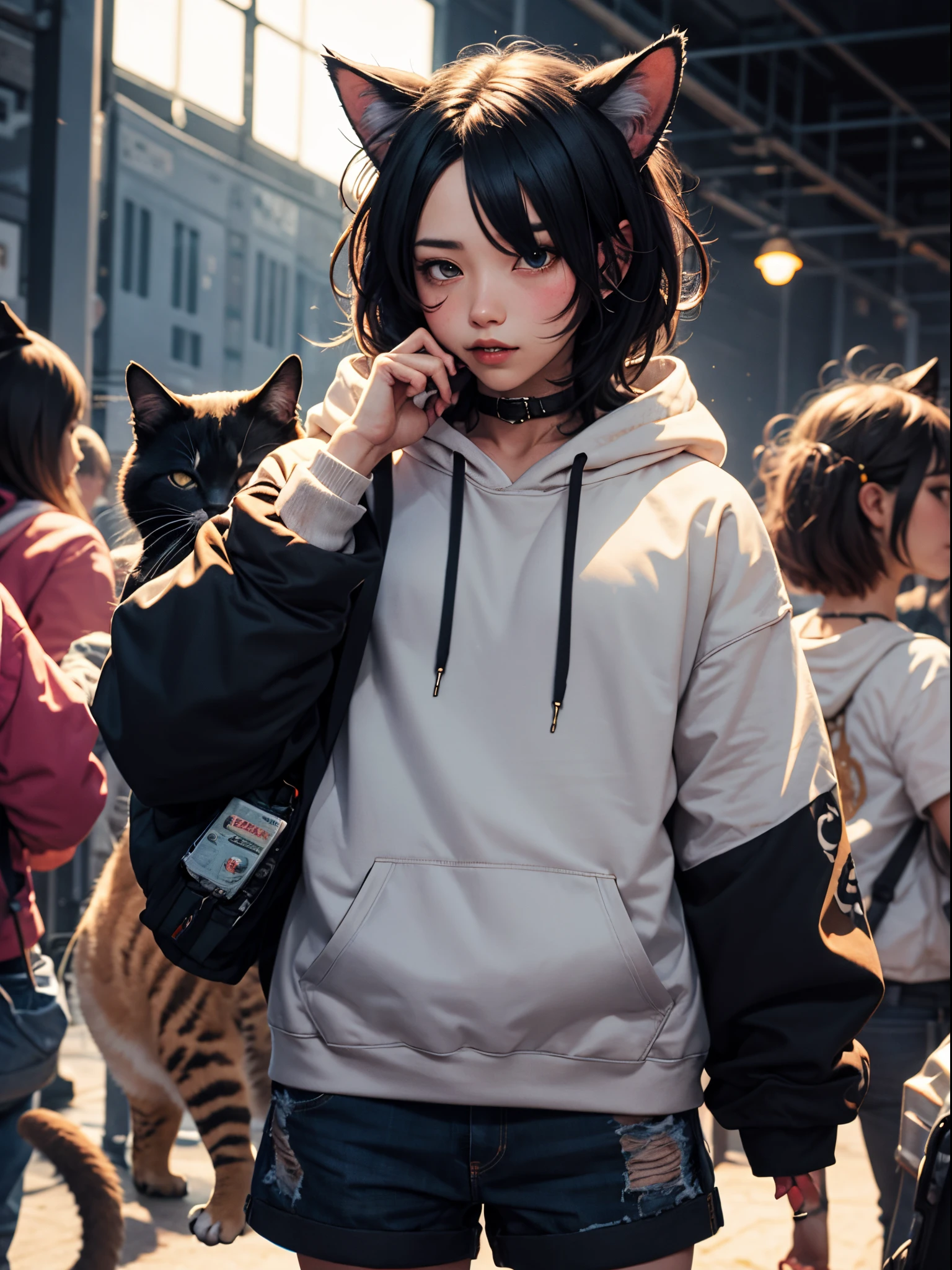 A cute femboy with black hair an oversized hoodie with little cat ears on it and a stuffy in his hands