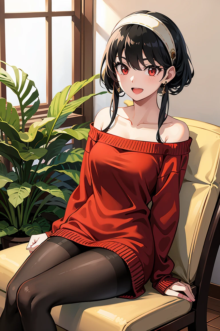 masterpiece, yor, 1girl, solo, looking at viewer, open mouth, black hair, red eyes, dress, bare shoulders, jewelry, collarbone, sidelocks, hairband, earrings, indoors, off shoulder, sweater,balck pantyhose,arms behind back, plant, short hair with long locks, white hairband, off-shoulder dress,(sweater dress),off-shoulder sweater,(red sweater), big side hair, very long side hair,smile,black pantyhose,(sitting),full body