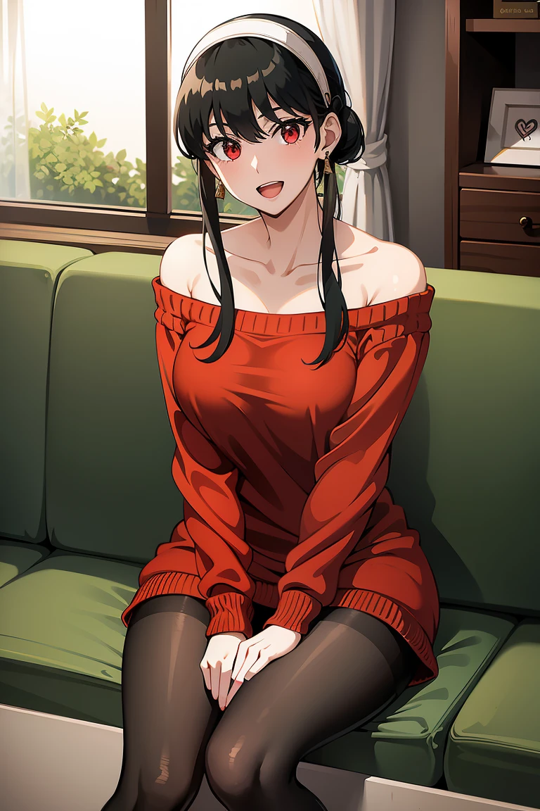 masterpiece, yor, 1girl, solo, looking at viewer, open mouth, black hair, red eyes, dress, bare shoulders, jewelry, collarbone, sidelocks, hairband, earrings, indoors, off shoulder, sweater,balck pantyhose,arms behind back, plant, short hair with long locks, white hairband, off-shoulder dress,(sweater dress),off-shoulder sweater,(red sweater), big side hair, very long side hair,smile,black pantyhose,(sitting),full body