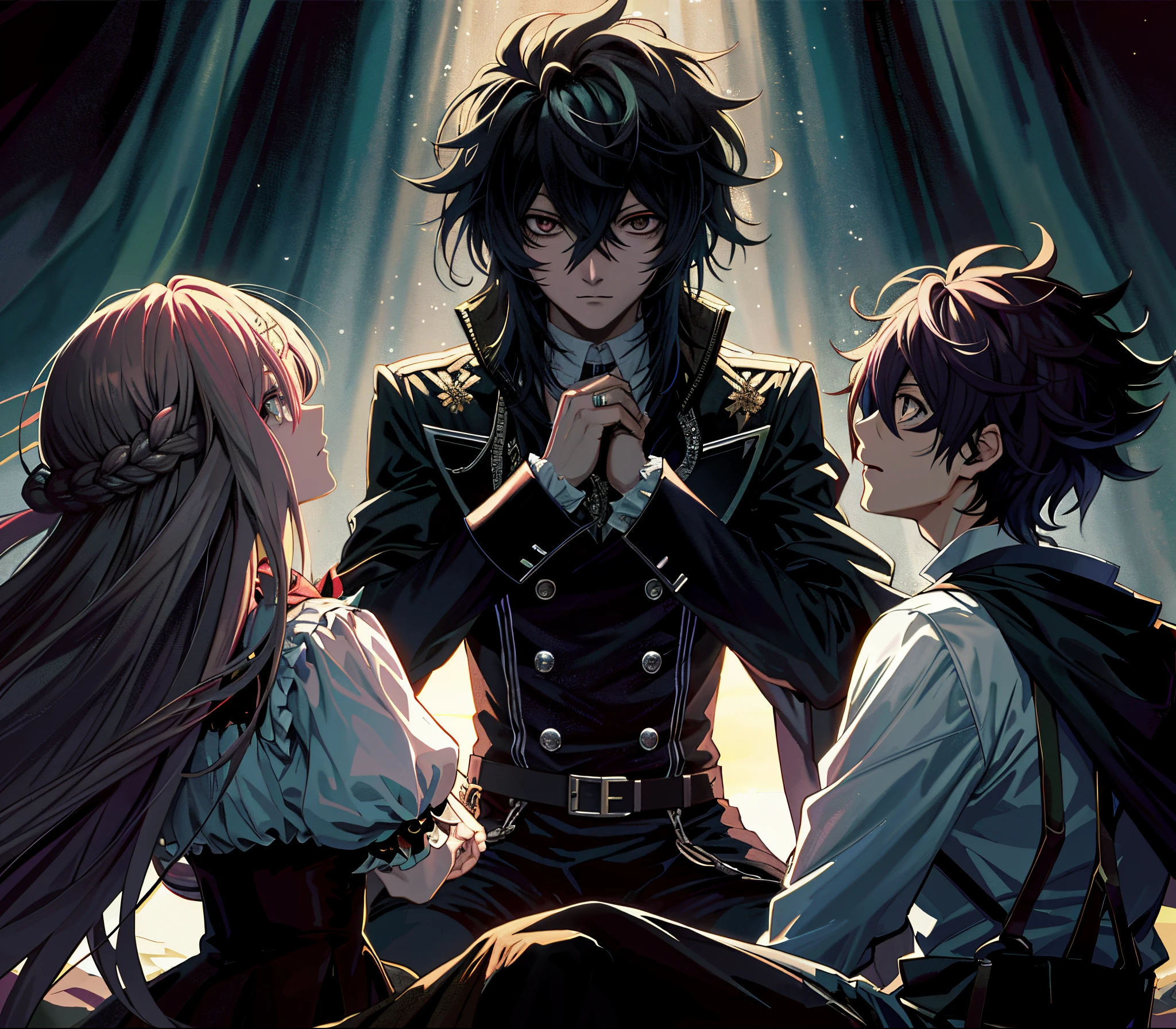 personagens de anime sentados em uma cama com fundo escuro, inspirado em Okumura Masanobu, arte chave do anime, Arte Zerochan, arte chave detalhada do anime, Machiavellian puppets;, zerochan, fanart de alta qualidade, alto detalhamento), vampiros de anime, badass anime 8 k, dramatic anime, Principais visuais de anime, 4 k manga wallpaper