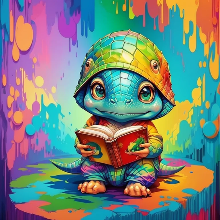 (cute baby dinosaur reading a book),(melhor pose),(best angle), (better expression), Eduardo Kobra acolchoamento ,multidimensional geometric wall PORTRAIT, arte, Chibi,
Yang08k, lindo, Colouring,
Primary works, qualidade superior, melhor qualidade, Arte Oficial, Beautiful and Aesthetic, pelos coloridos,