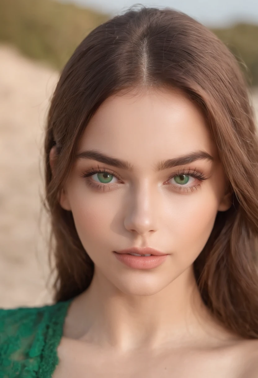 Chica sexy con ojos verdes, Retrato Sophie Mudd, brown hair and large eyes, selfie de una mujer joven, Ojos del dormitorio, Violeta Myers, sin maquillaje, Maquillaje natural, staring directly into camera, cara con artgram, maquillaje sutil, Impresionante foto de cuerpo completo, penetrantes ojos verdes, Chica en bikini en la playa