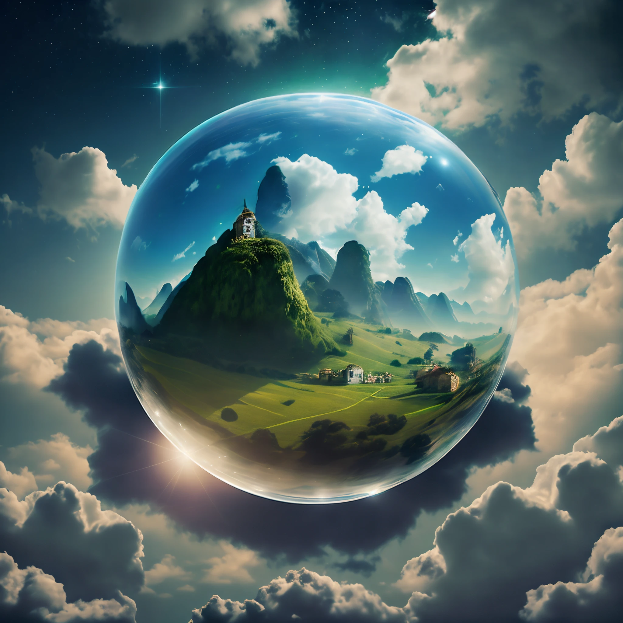 A giant mirrored sphere floating in space, luzes cintilantes,  (sky like green fields surrounded by houses, carros e altas montanhas e nuvens:2.3), particles in the air, raios de deus, estrelas ao fundo, fractais intrincados, detalhados, (illustration), obra-prima, alta resolução, melhor qualidade, alta qualidade, 8K