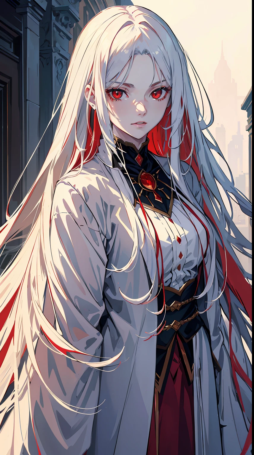 handsome girl,red-eyes,red pupils,Long white hair,Hyperresolution,accuracy,Detailed rendering,(Subtle facial image)(Image of fine hair)(topquality)(Masterpieces of masters)(High degree of completeness)(A sense of atmosphere)tmasterpiece,Super detailed and super detailed(half-body portrait)