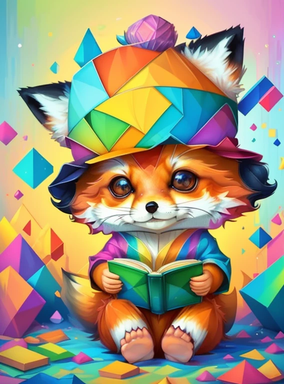 (cute  fox reading a book with a hat),(melhor pose),(best angle), (better expression), Eduardo Kobra acolchoamento ,multidimensional geometric wall PORTRAIT, arte, Chibi,
Yang08k, lindo, Colouring,
Primary works, qualidade superior, melhor qualidade, Arte Oficial, Beautiful and Aesthetic, pelos coloridos,