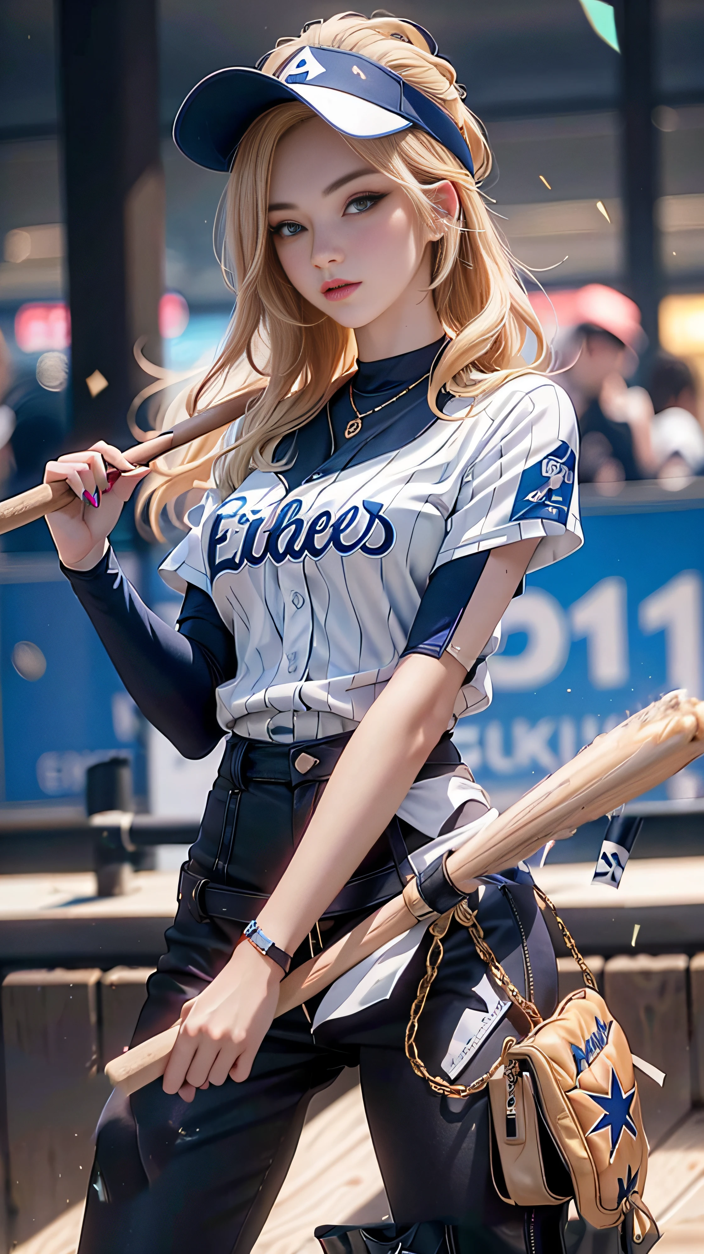 beautiful European idol girl, her face visible, taken with Sony A1, 85mm F/1. 4 ISO 100, medium format, 45 megapixels, BASEBALL OUTFIT, BLONDE HAIR, RELAXED POSE READING A BASEBALL STICK, LONG KARGO O PANTS