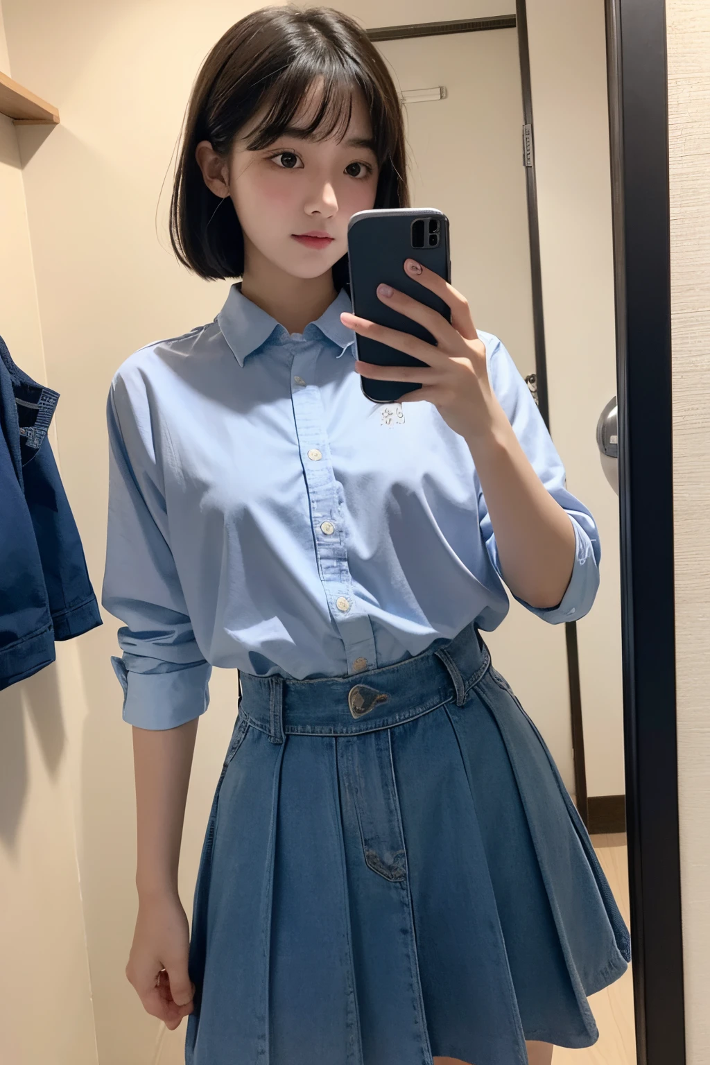 15yo student、校服 、High school students、selfee、a beauty girl、Young Face、Smartphone in front of your face、Semi-bob hair、Muchimuchi Body、icons