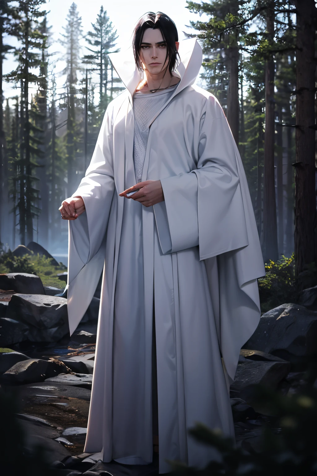 Tall man, powerful, white hood, white robes, manly, Greek robes, slicked back black hair, golden necklace, golden rings, ghosts surrounding him, standing in a forest, neutral facial expression