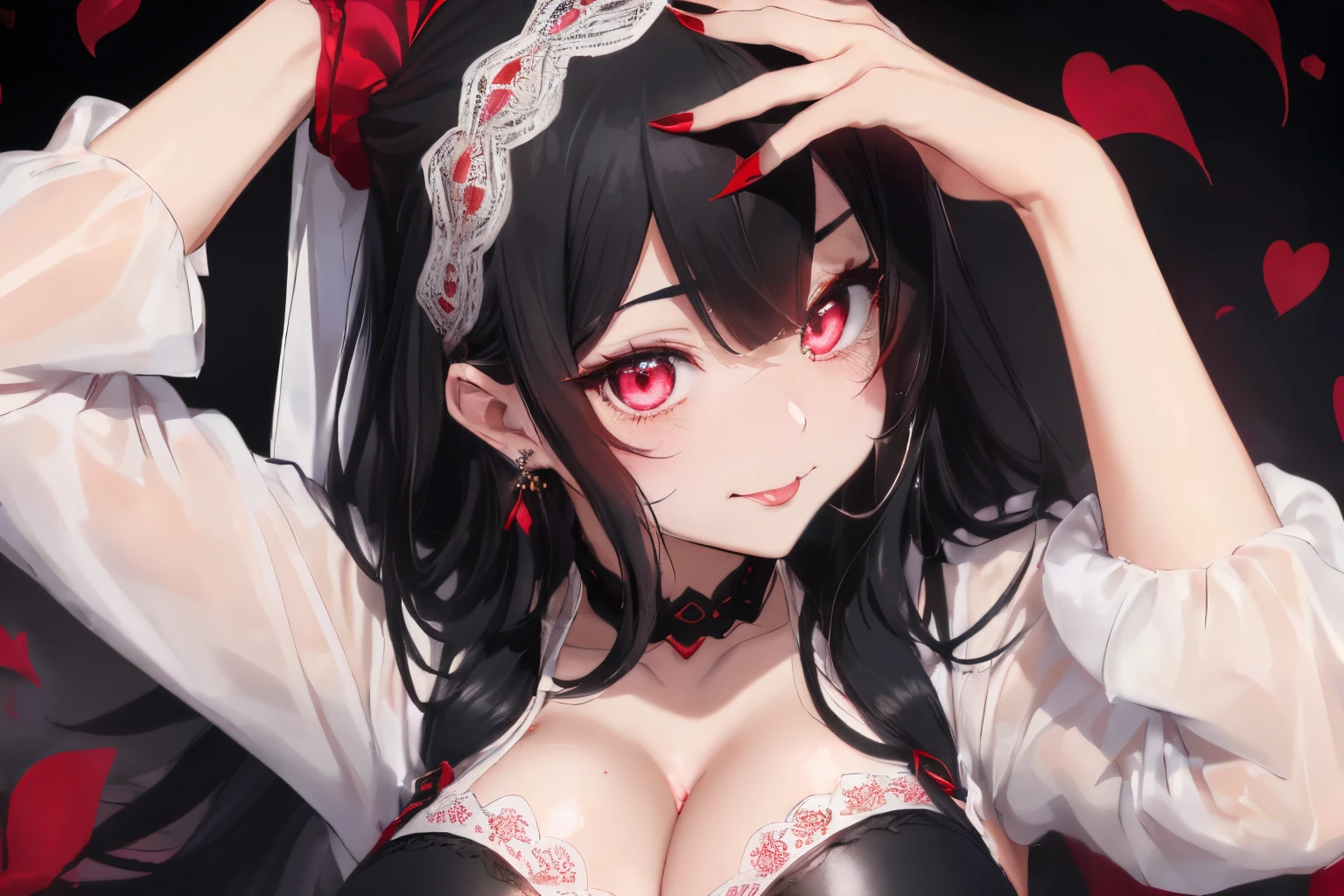 ((Black hair)),((Medium Hair)),((super straight hair)),((pale pink eyes)),(mamluk sleeve long sleeve clothing),(White lace vest),(red wide hair band),((black leather long skirt)),((Feeling of fatigue and weakness)),((Why not put your hand on your cheek and make a cute pose????)),Slight red tide,(show your tongue and smile),(Vampires),((tusk)),(Yodare),(A little blood around the mouth),(Kamimei),((close up of face)),((NSFW)),((Her modest cleavage is cute)),