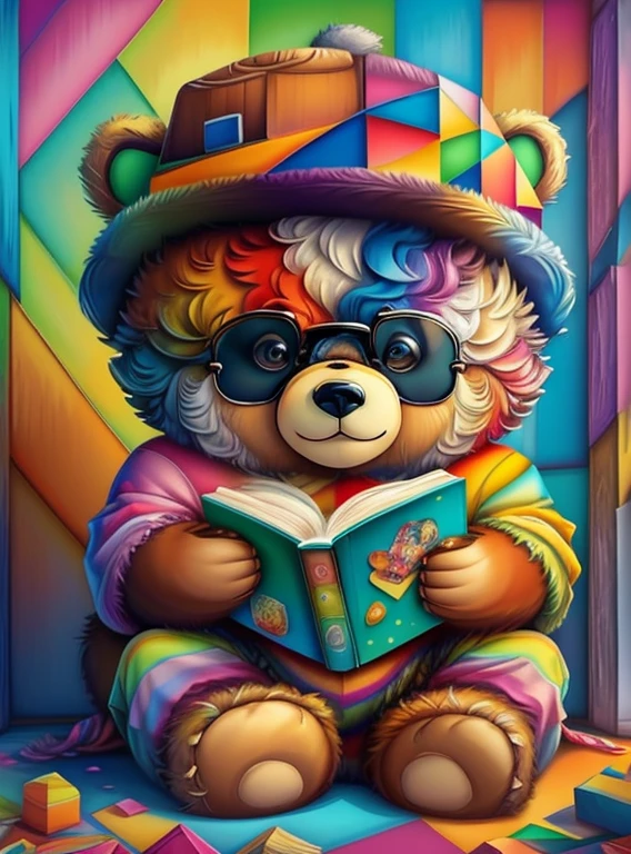 (cute bear reading a book with a hat),(melhor pose),(best angle), (better expression), Eduardo Kobra acolchoamento ,multidimensional geometric wall PORTRAIT, arte, Chibi,
Yang08k, lindo, Colouring,
Primary works, qualidade superior, melhor qualidade, Arte Oficial, Beautiful and Aesthetic, pelos coloridos,