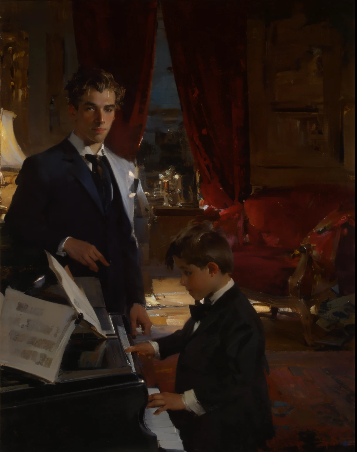 impasto oil painting by Anders Zorn and John Singer Sargent and Gustav Klimt of A teen boy plays piano, A happy brown-haired caucasian 40-year-old male music teacher standing and watching a teenage brown-haired boy play piano in a 1915 Manhattan apartment while a 2-year-old blonde girl plays on a Persian rug on the floor, dramatic rim lighting, oil paint, the best quality, High background detail, painterly, Low contrast, extremely detailed face,