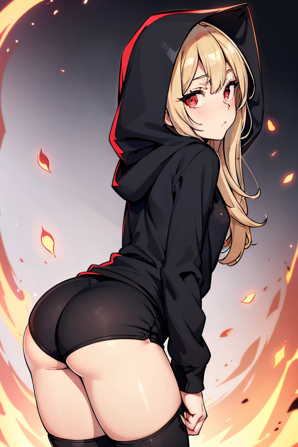 best quality, expressive eyes, perfect face, small shorts, sleek legs, black hoodie, hood over head, hood raised, long blonde hair, glowing eyes, red eyes, side glance, hands in pockets, butt view, rear focus, accidental exposure, plump butt, booty shorts