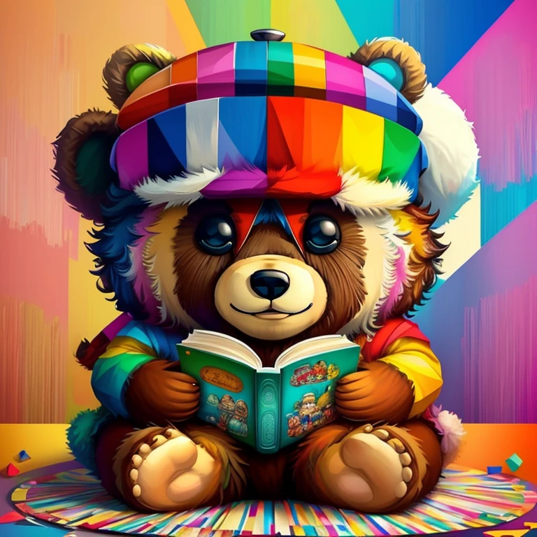 (cute bear reading a book with a hat),(melhor pose),(best angle), (better expression), Eduardo Kobra acolchoamento ,multidimensional geometric wall PORTRAIT, arte, Chibi,
Yang08k, lindo, Colouring,
Primary works, qualidade superior, melhor qualidade, Arte Oficial, Beautiful and Aesthetic, pelos coloridos,