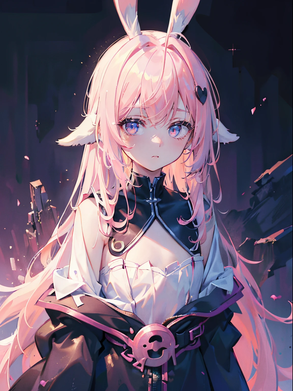 (masterpiece,best quality,ultra-detailed),1girl,pale skin,pink hair,messy hair, thick hair,black clothes, small chest,bunny ears,rabbit ears, blushing,dark ambient,((monster girl)), night , starry sky, shadows, shadow face,(dark and pink theme), shadow theme)