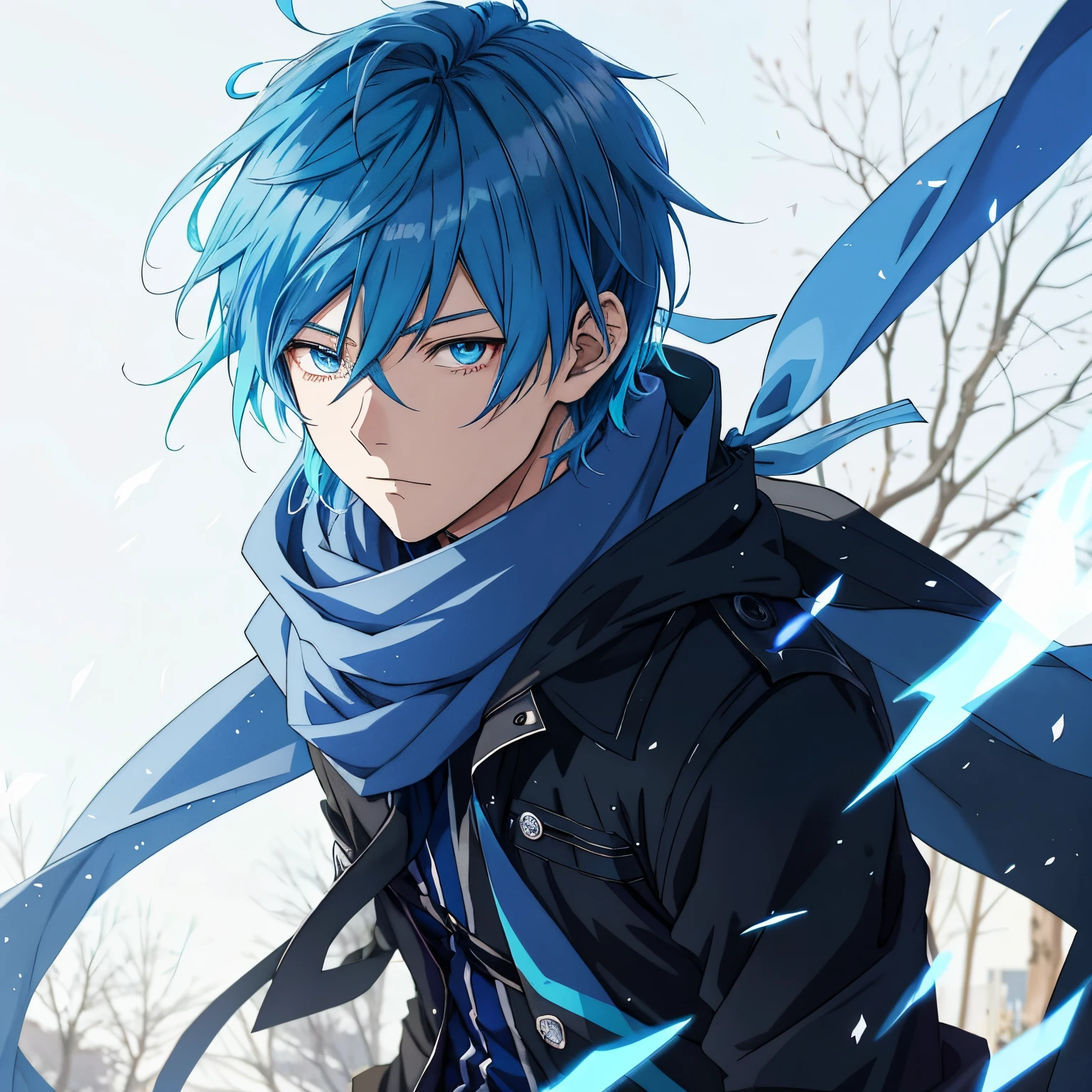 Anime boy with blue hair and scarf standing in front of a tree, Zerochan Art, 2d anime style, tall anime guy with blue eyes, young anime man, wearing black jacket, with blue magic in hands, in a park, 4k, anime 4k